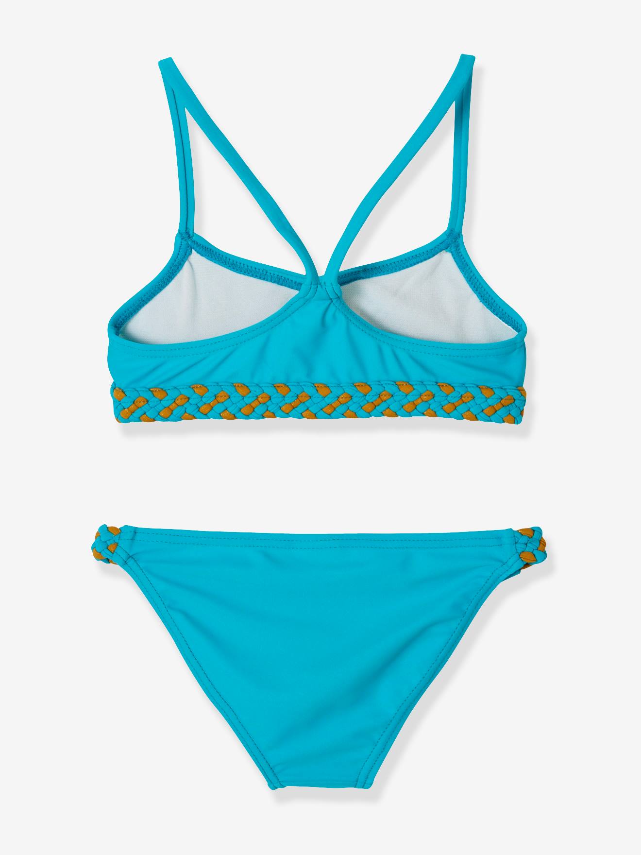 Biquíni liso azul médio para meninas com estampas