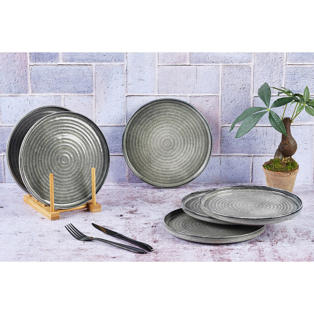 Bjorn 6 Assiettes en Grès dessert Zen gris/bleu - D.22 cm