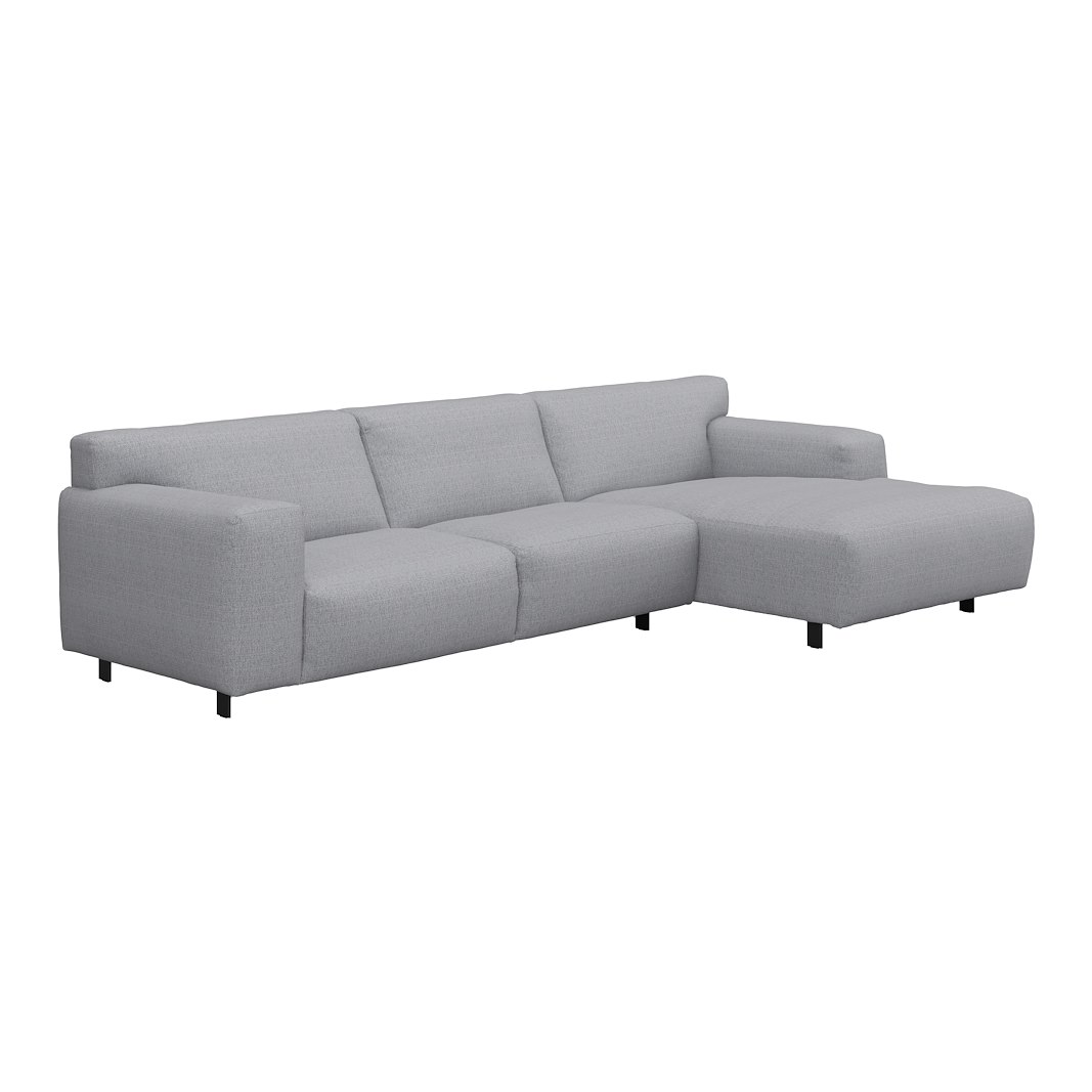 Vesta 2,5-seter med sjeselong høyre I Tekstil Cortina Silver, standardsøm, sort metallben 10 cm, Comfort CM