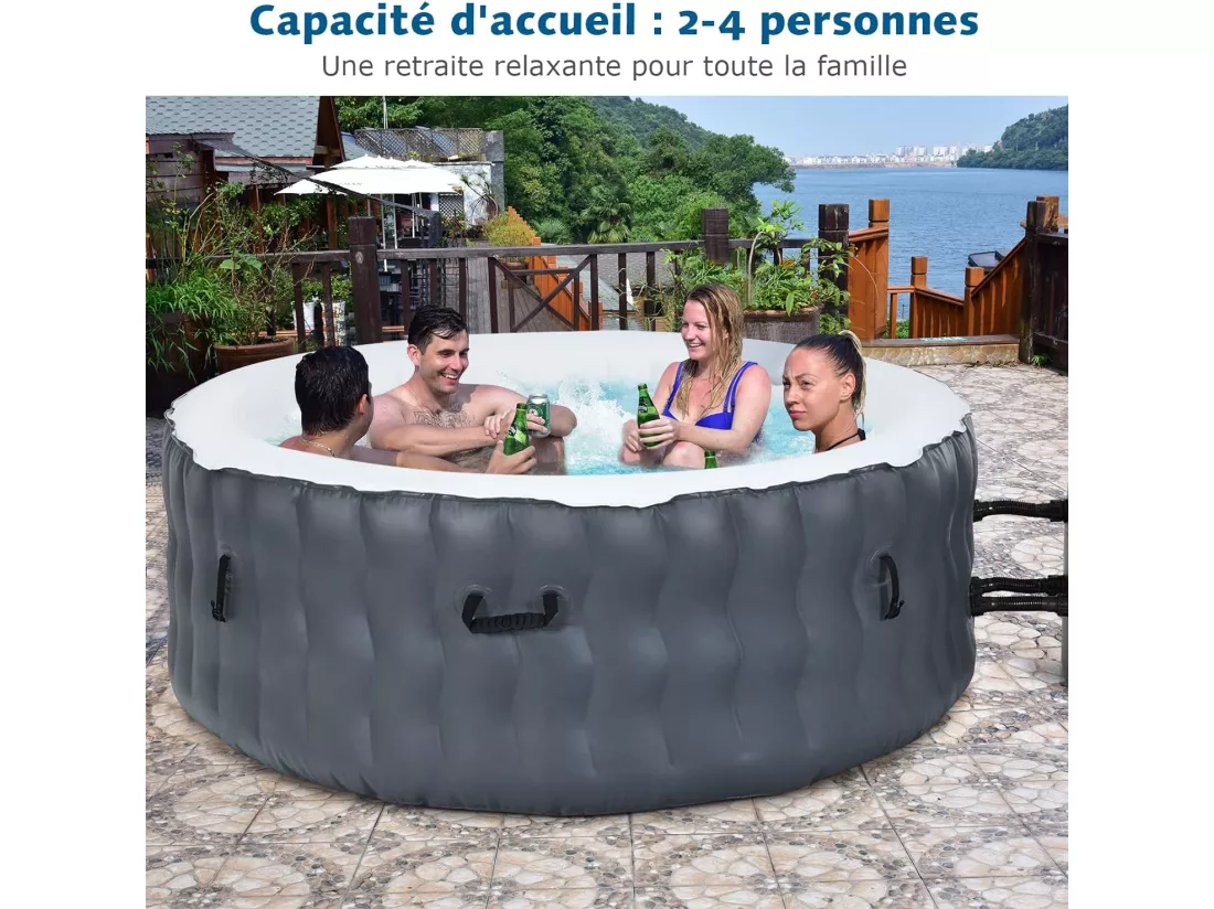 Spa Gonflable avec 108 Jets de Massage, 180 x 68 CM, Spa Rond Portable à 4 Personnes pour Intérieur/Extérieur, Filtration à Cartouche et Bâche de Protection pour Le Spa, Gris (sans Appui-tête et Porte-gobelet)