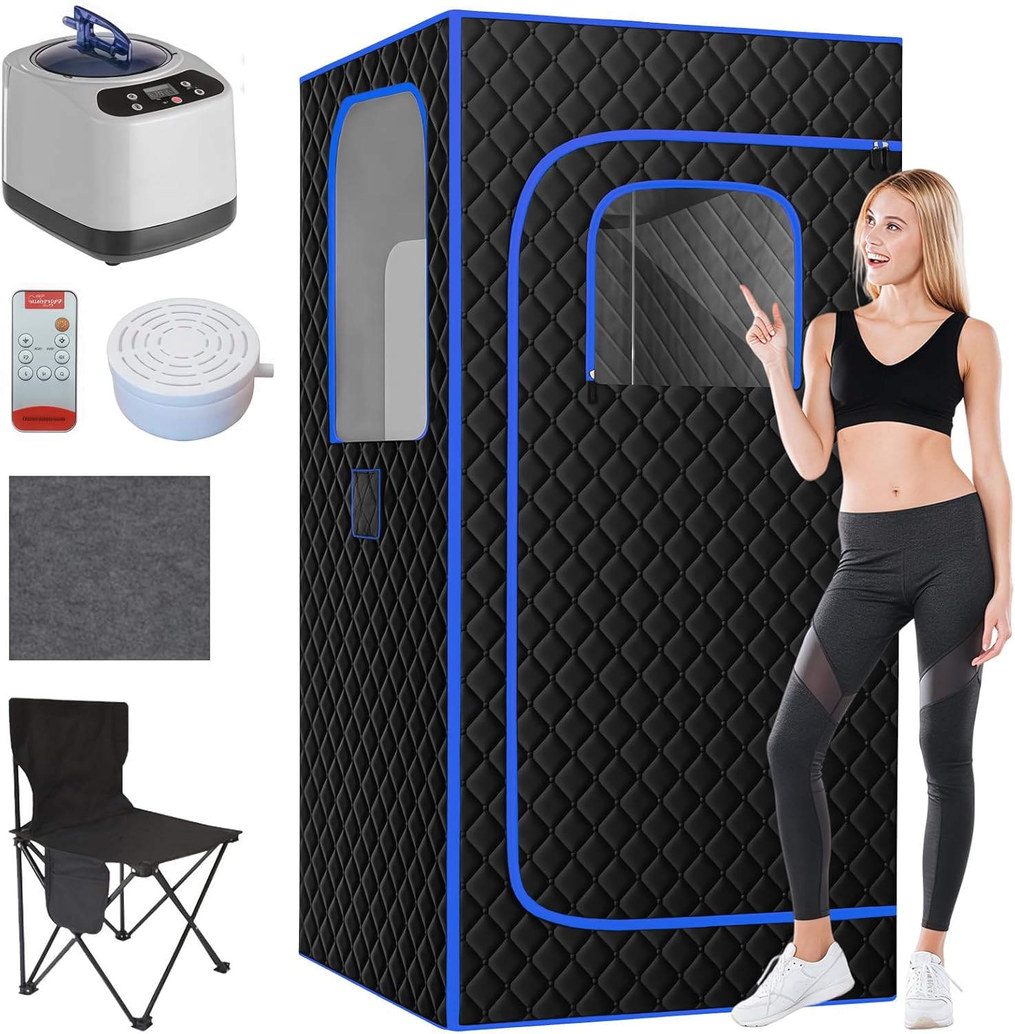 Tragbare Saunazelt mit Dampfgenerator 3 Liter Dampfsauna für Zuhause 9 Temperaturstufen Mobile Sauna mit Klappstuhl Fernbedienung Matte, 90 x 90 x 180 cm