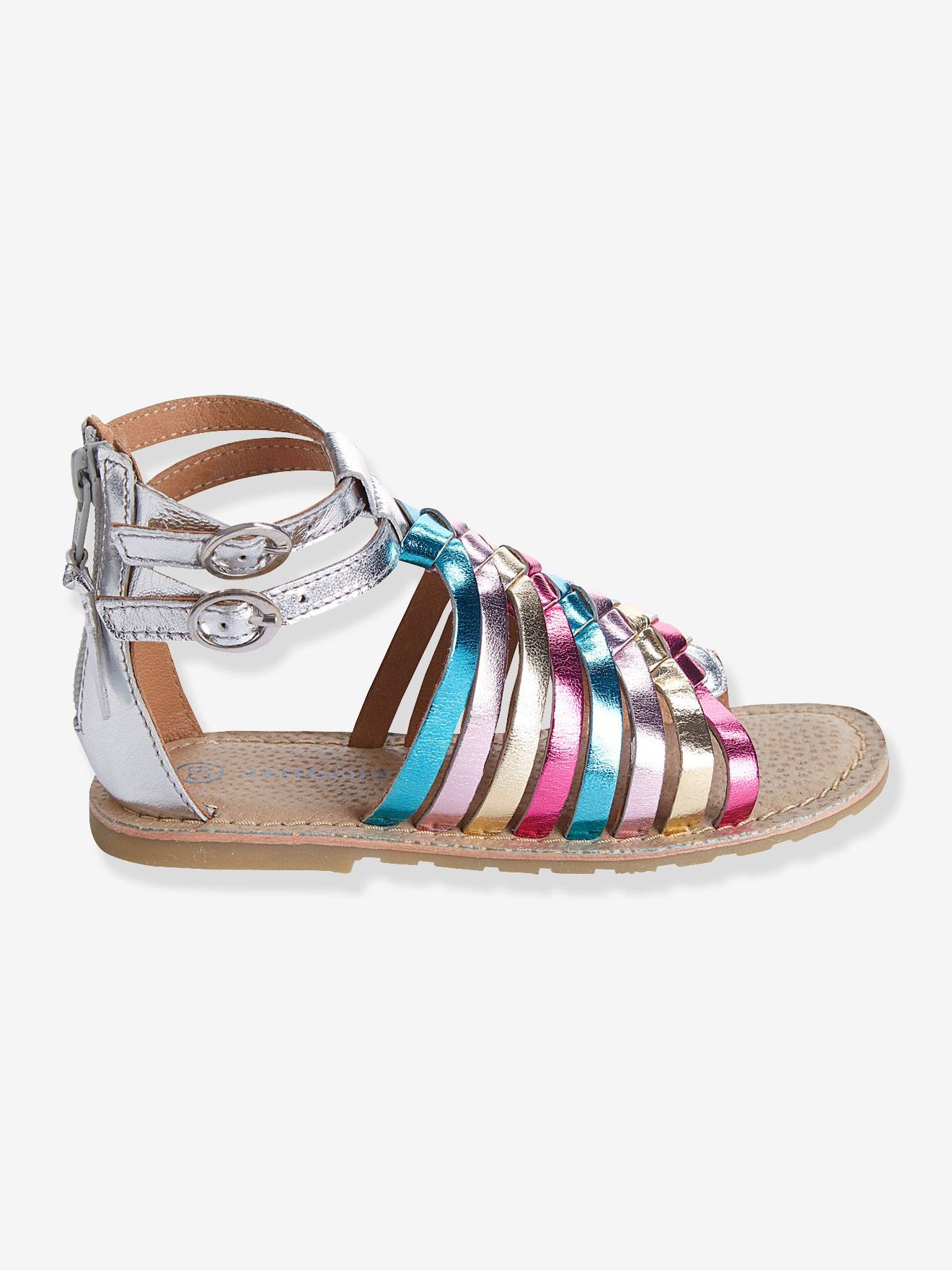 Sandálias de couro prateadas e multicoloridas para meninas