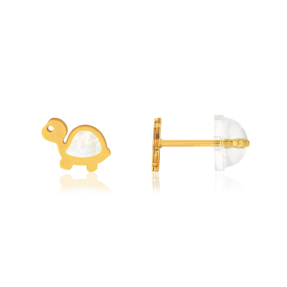 Boucles d'oreilles or jaune 375, nacre. Motif tortue.