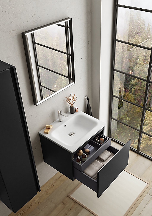 Meuble sous vasque à suspendre Pura noir 60 cm + plan vasque en résine blanc mat