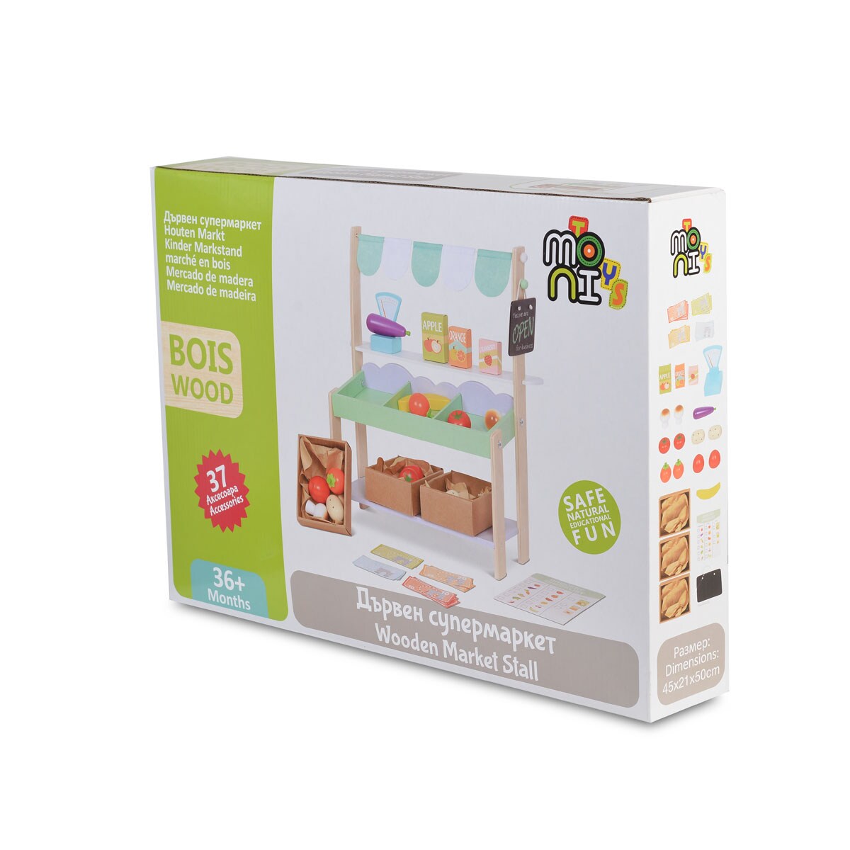 Moni Kinder Marktstand 4425 Holz 50cm hoch Supermarkt Lebensmittel Einkaufsliste grün