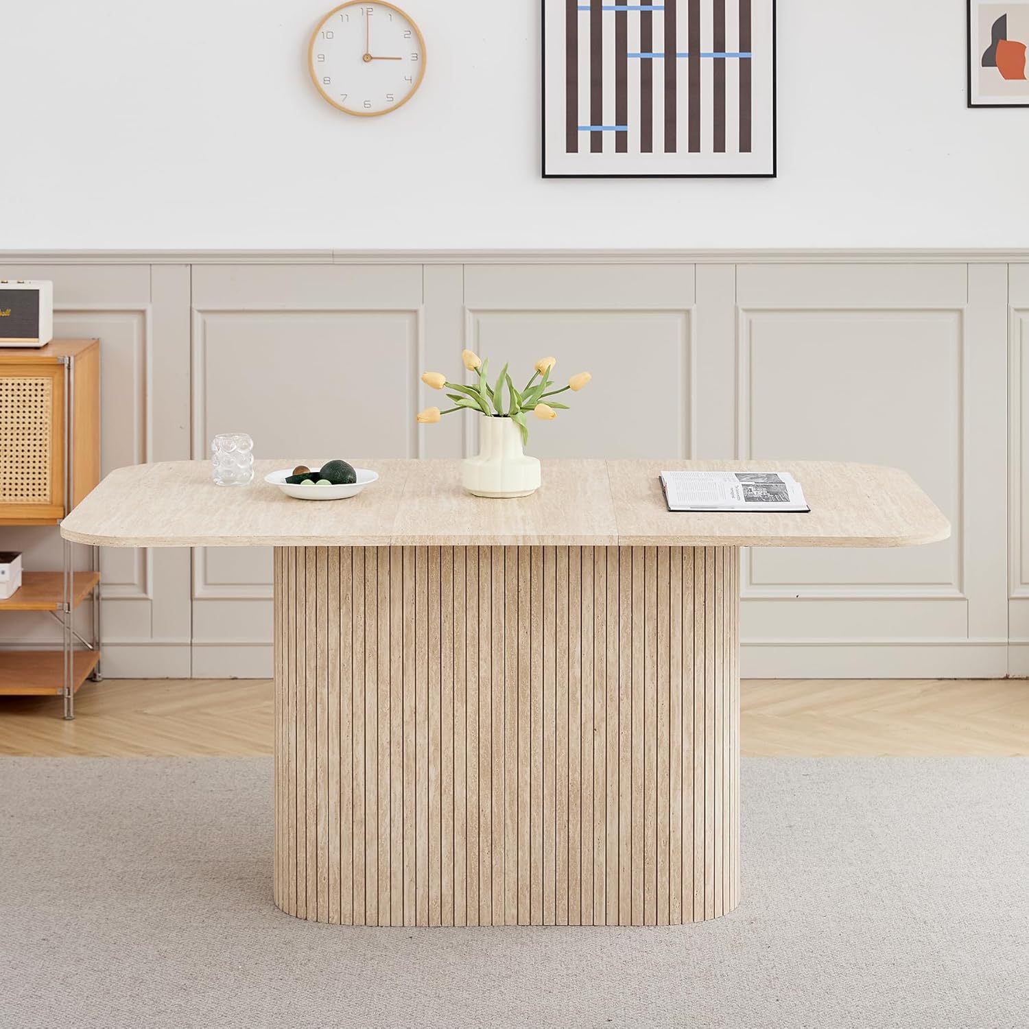 Moderner Esstisch für 4–6 Personen, 160cm Rechteckiger Küchentisch (Travertin-Maserung) mit Schwerem Säulenfuß für Wohnzimmer, Küche, Wohnung, Gelb