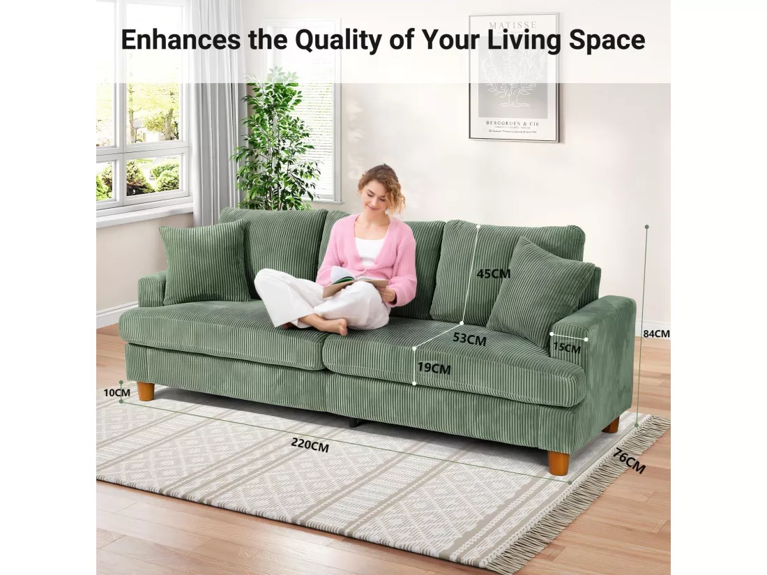 Canapé en Velours Côtelé 3 Places,Grand Canapé Droit Rembourré Moderne avec Sièges extra profonds de 53cm - 2 Coussins - 220x76x84cm - Vert