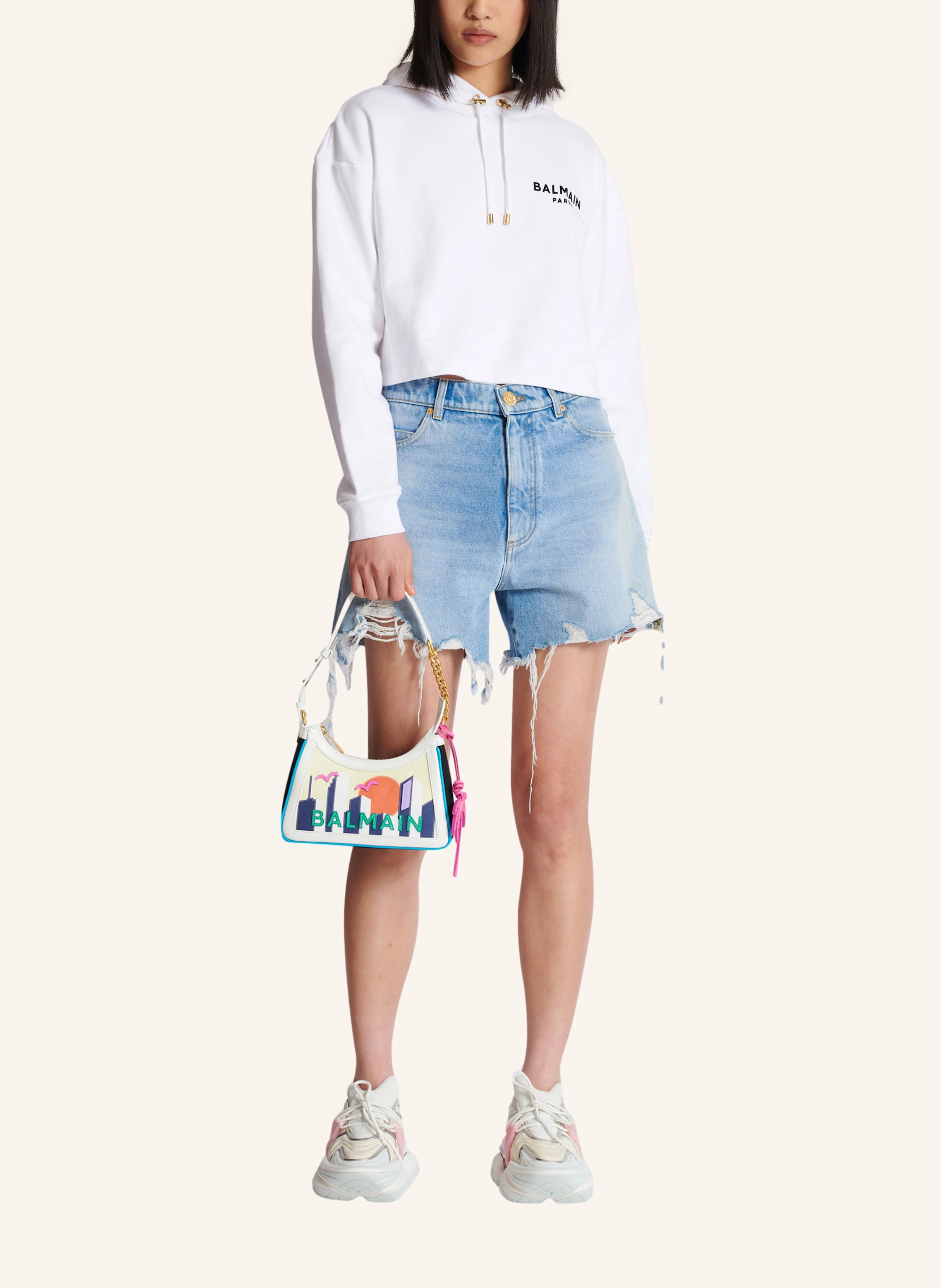 BALMAIN Tasche B-Army Shoulder aus Kalbsleder und Canvas mit Postcard-Print