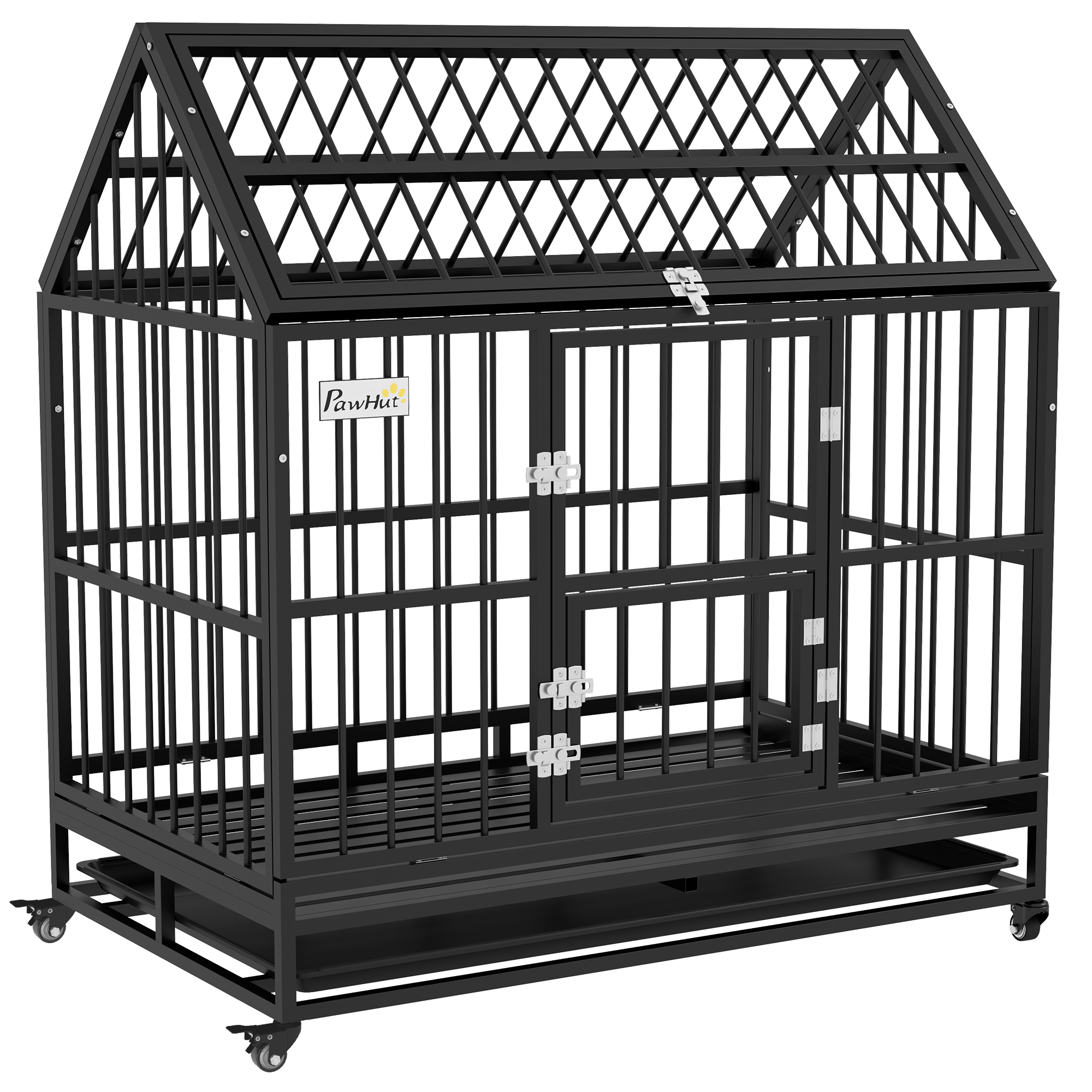 Gaiola grande para cães PawHut, 123x74x125 cm, em metal, com rodas, bandeja removível, fechaduras, 2 portas frontais, 1 porta no teto e estrutura em aço preto.