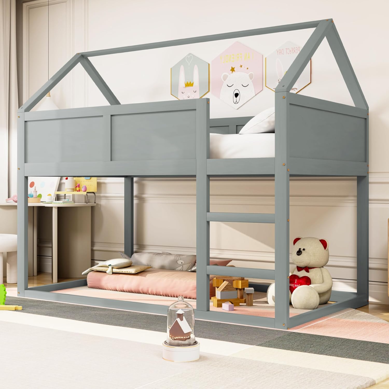 okwish Hochbett für 2 Kinder 90 x 200cm, Kinderbett Baumhaus mit Treppe und Massivholzrahmen, Hausbett, Grau(Ohne Matratze)