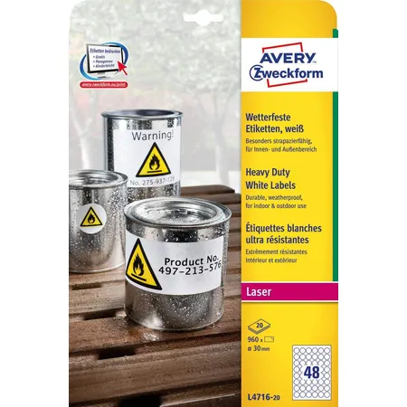 Avery Zweckform L4716-20 Wetterfeste Folien-Etiketten, Ø 30 mm, 20 Bogen/960 Etiketten, weiß