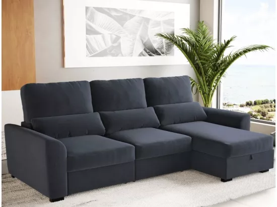Canapé méridienne 3 places réversible en polyester gris foncé