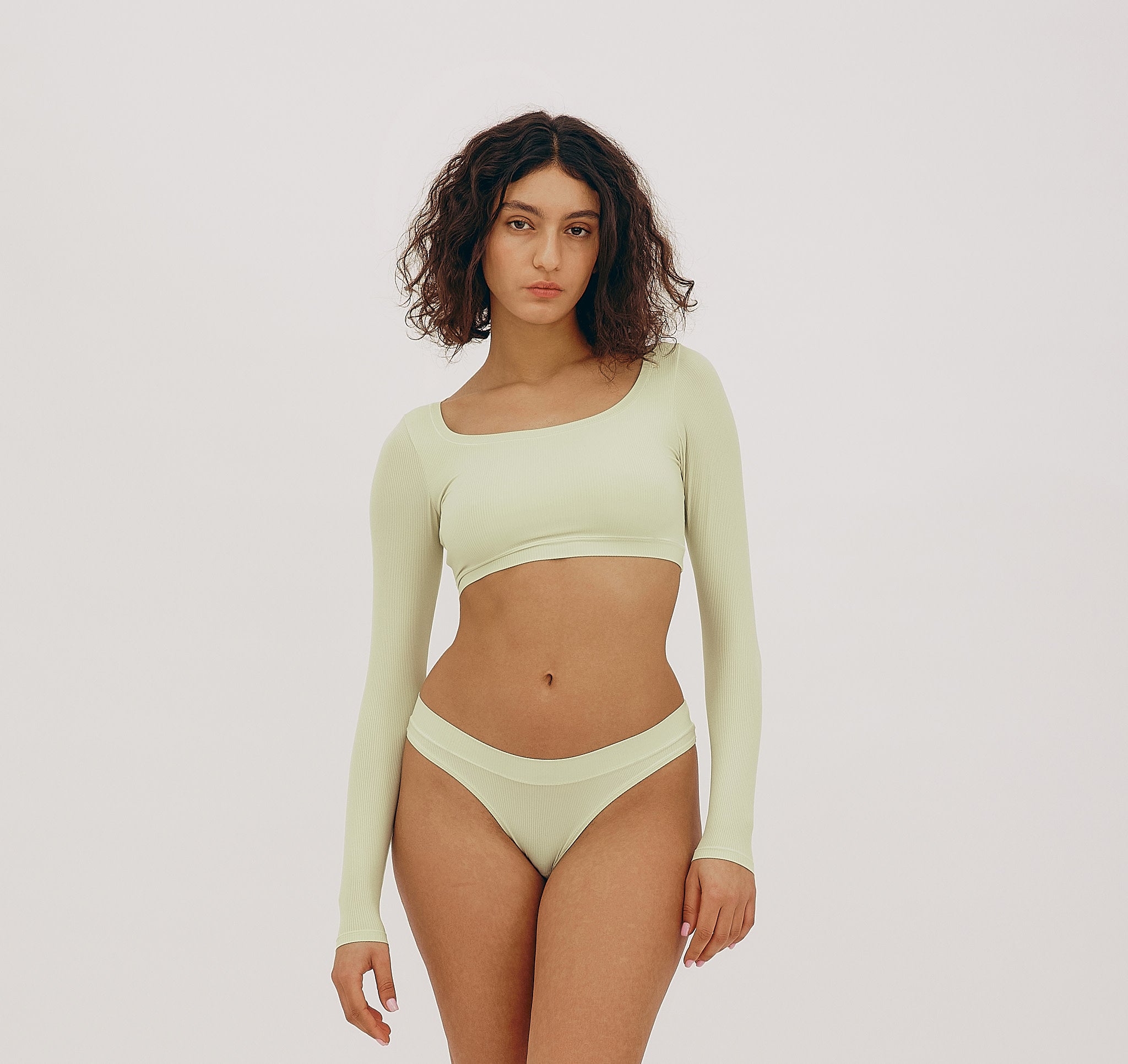 RECYCLED NYLON<br>Algae Life Naked Rib Crop Scoop Neck Long Sleeve Top