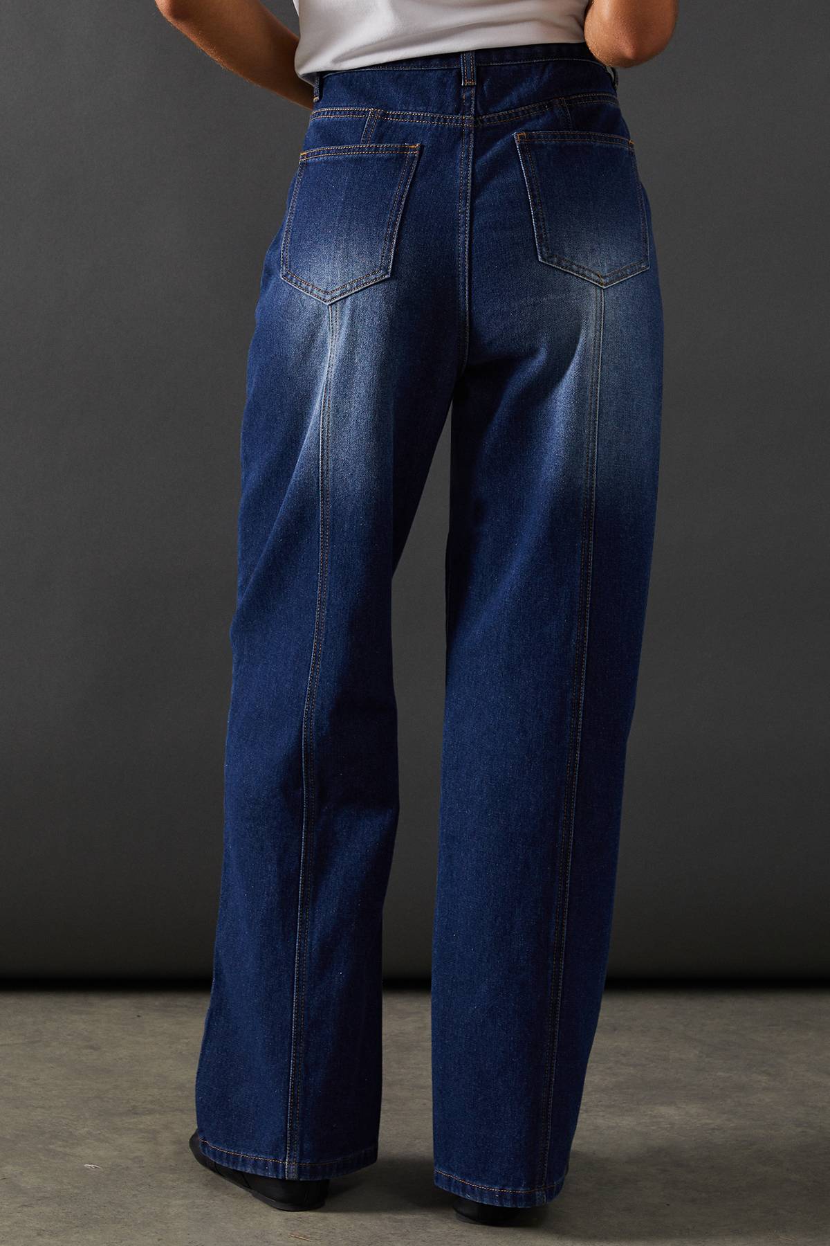 Warehouse Jean Dad Taille Haute avec Braguette Boutonnée et Détails de Coutures