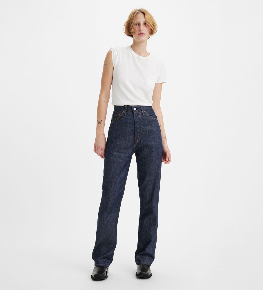 Calça jeans Levi's 701, roupa vintage, 1950, estilo marinheiro.