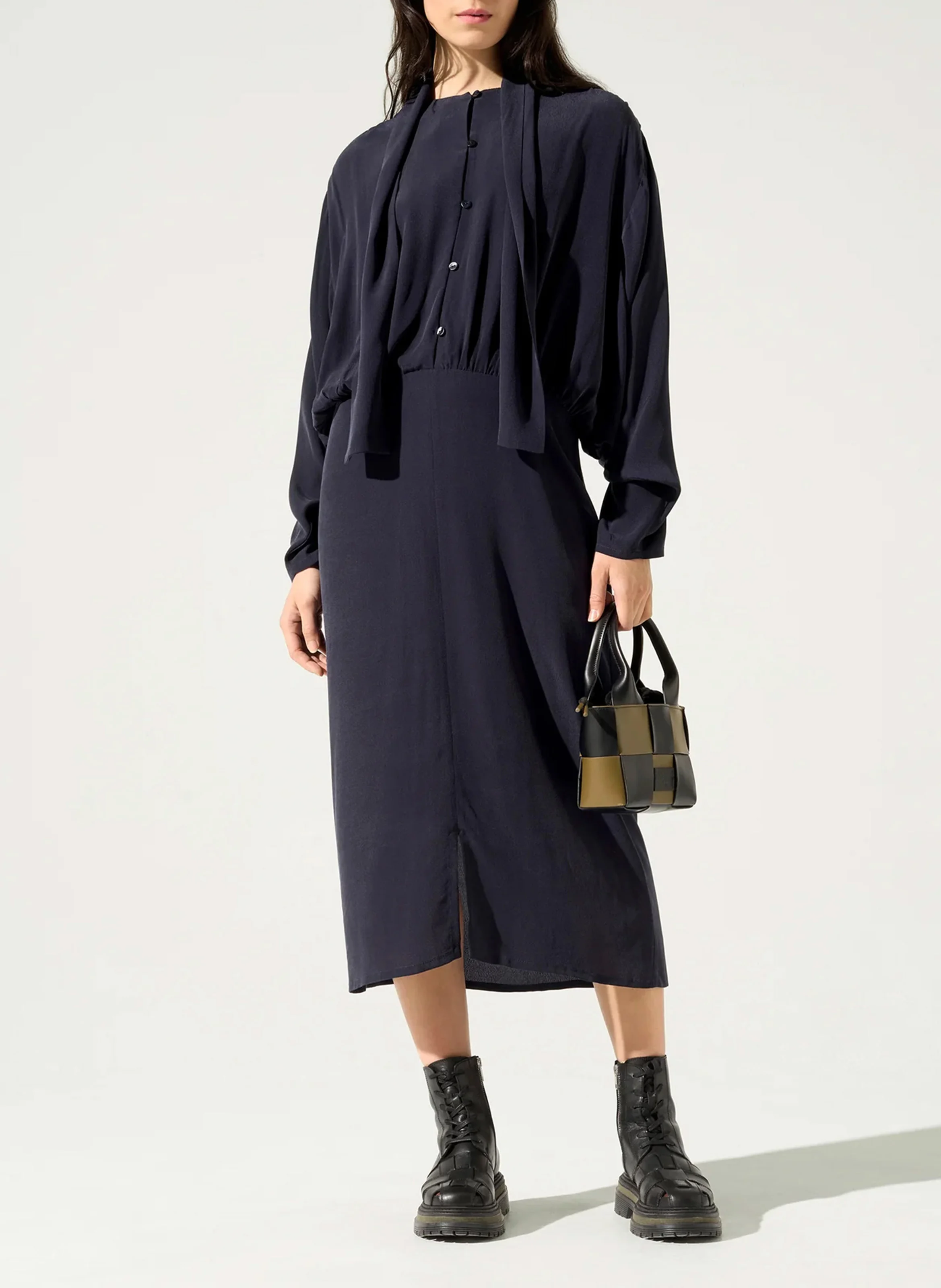 Robe midi col lavallière | Bleu