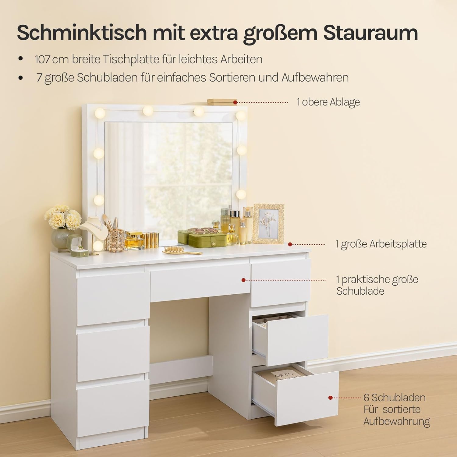 WOLTU Schminktisch mit LED-Beleuchtung, einstellbare Helligkeit, Kosmetiktisch mit großem Spiegel, Frisiertisch mit 7 Schubladen, 107x140,5x39,5 cm, für Schlafzimmer, Weiß
