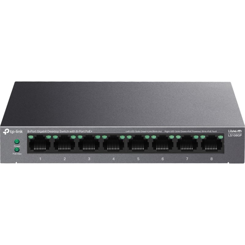 TP-Link LiteWave LS108GP commutateur réseau Non-géré Gigabit Ethernet (10/100/1000) Connexion Ethernet, supportant l'alimentation via ce port (PoE) Noir
