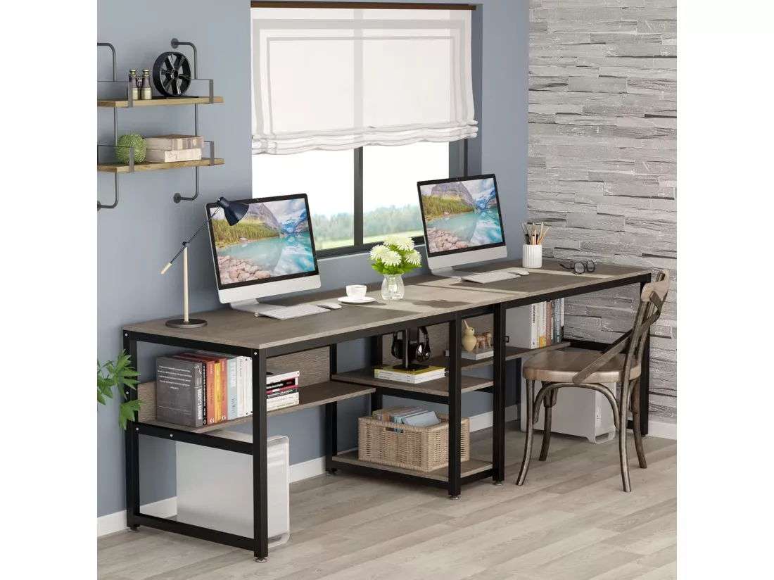 Bureau double pour 2 personnes avec bibliothèque, bureau d'ordinateur double pour deux personnes (gris)