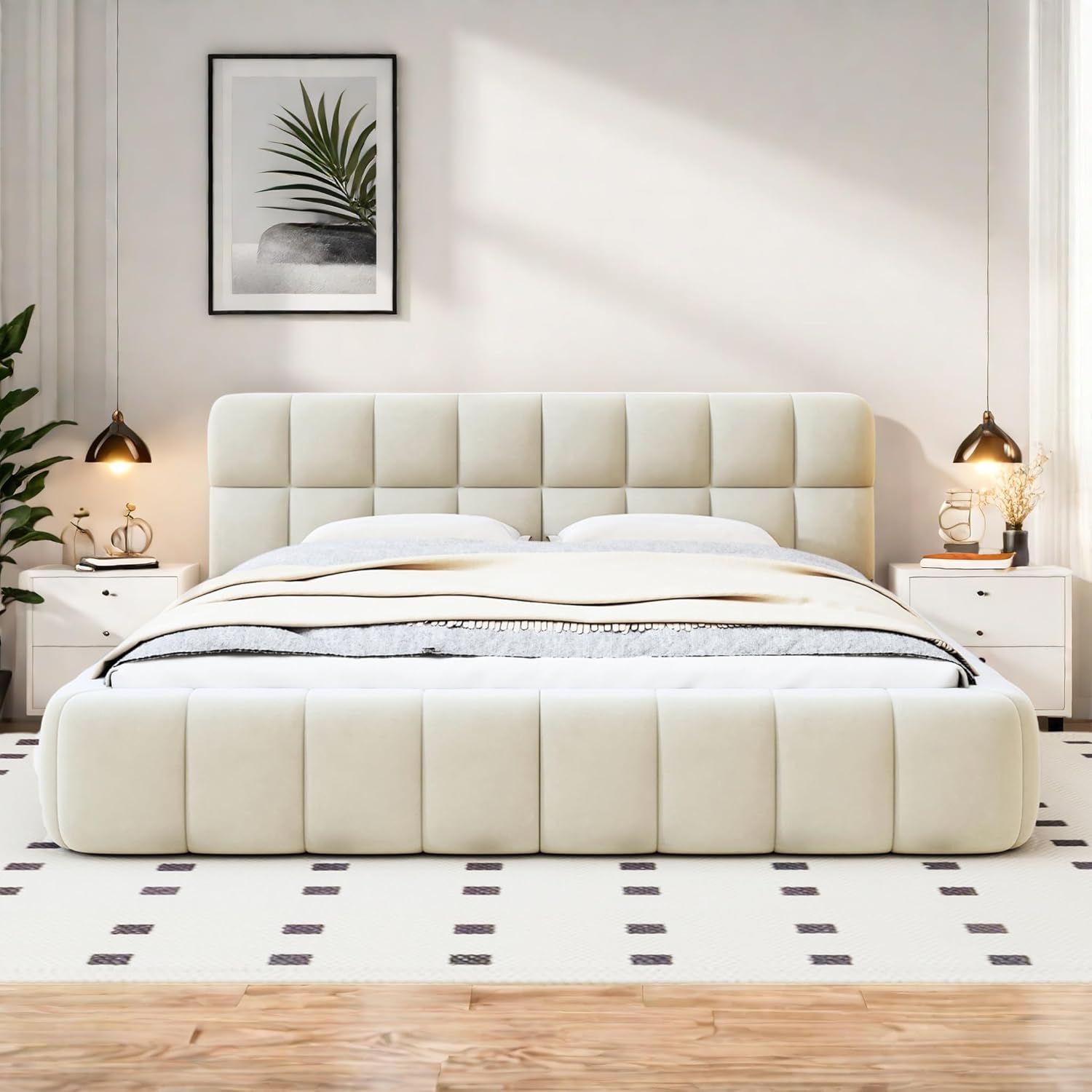 Polsterbett Bubble Bett 140x190cm Doppelbett mit Lattenrost und weicher Rückenlehne Jugendbett Flachbett Bettgestell, Leinen, ohne Matratze (Beige, 140 * 190)
