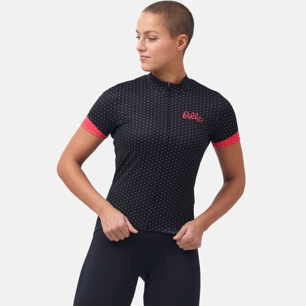 Maillot vélo ODLO ESSENTIAL PRINT STAND-UP COLLAR S/S FZ W BLACK/PARADISE PINK