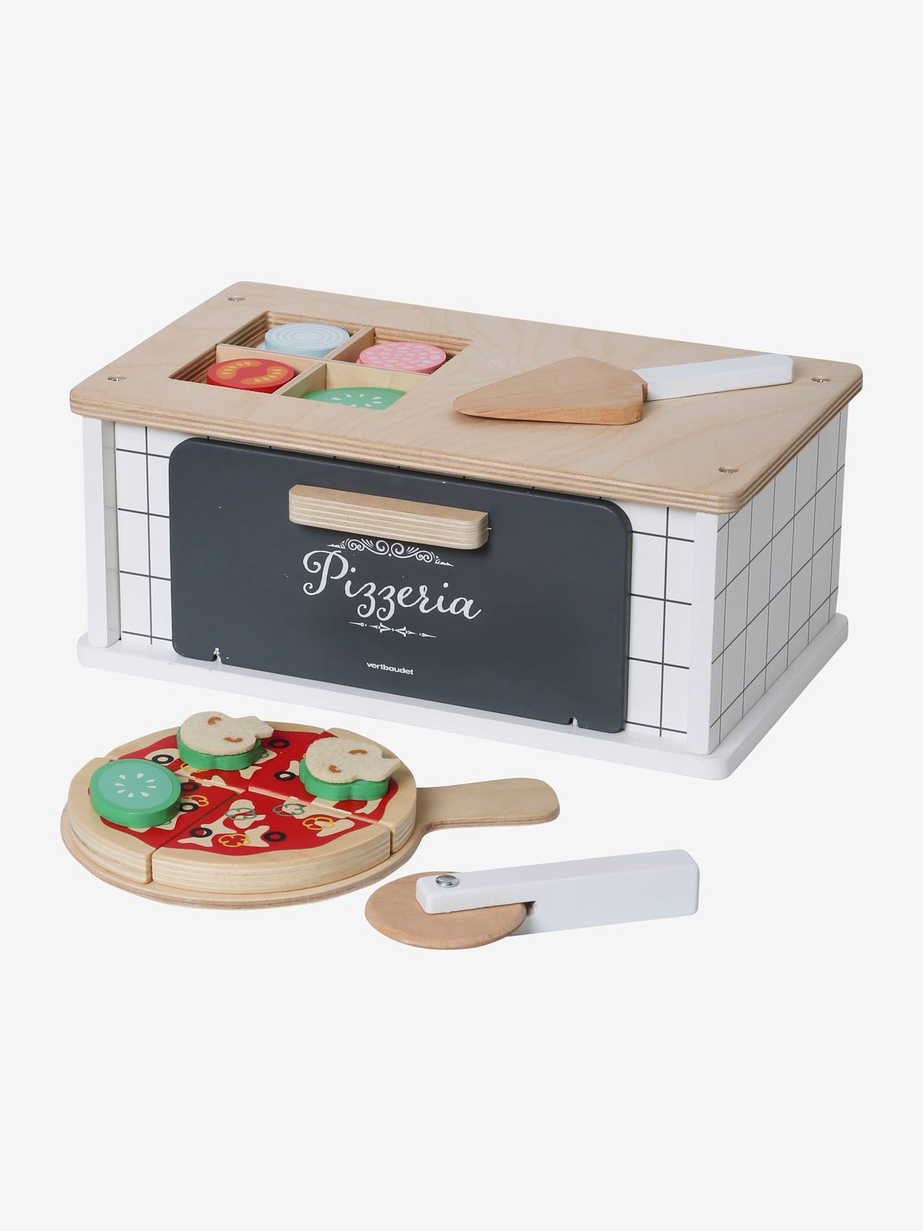 Forno de pizza de madeira lisa bege médio com certificação FSC® e padrões.