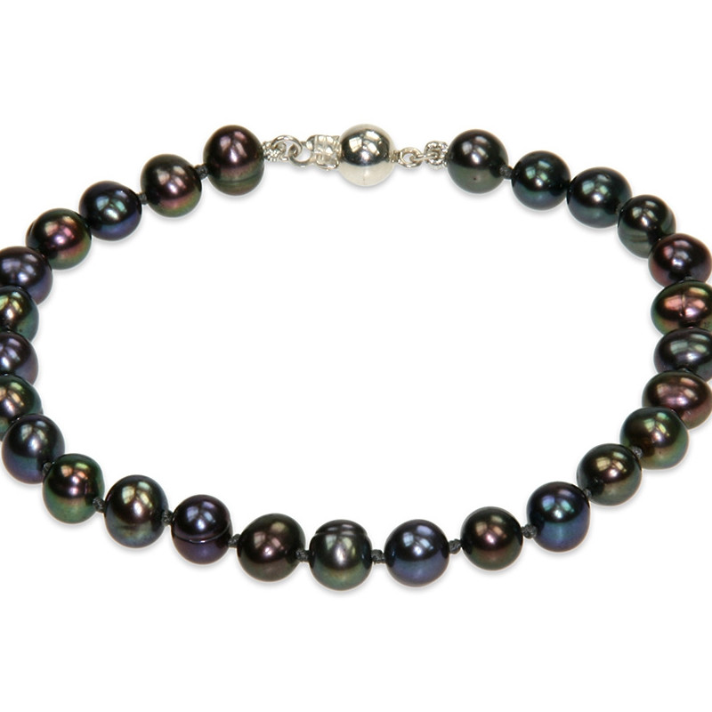 Bracelet Femme Perles de culture d'eau douce Noires et Fermoir Argent 925