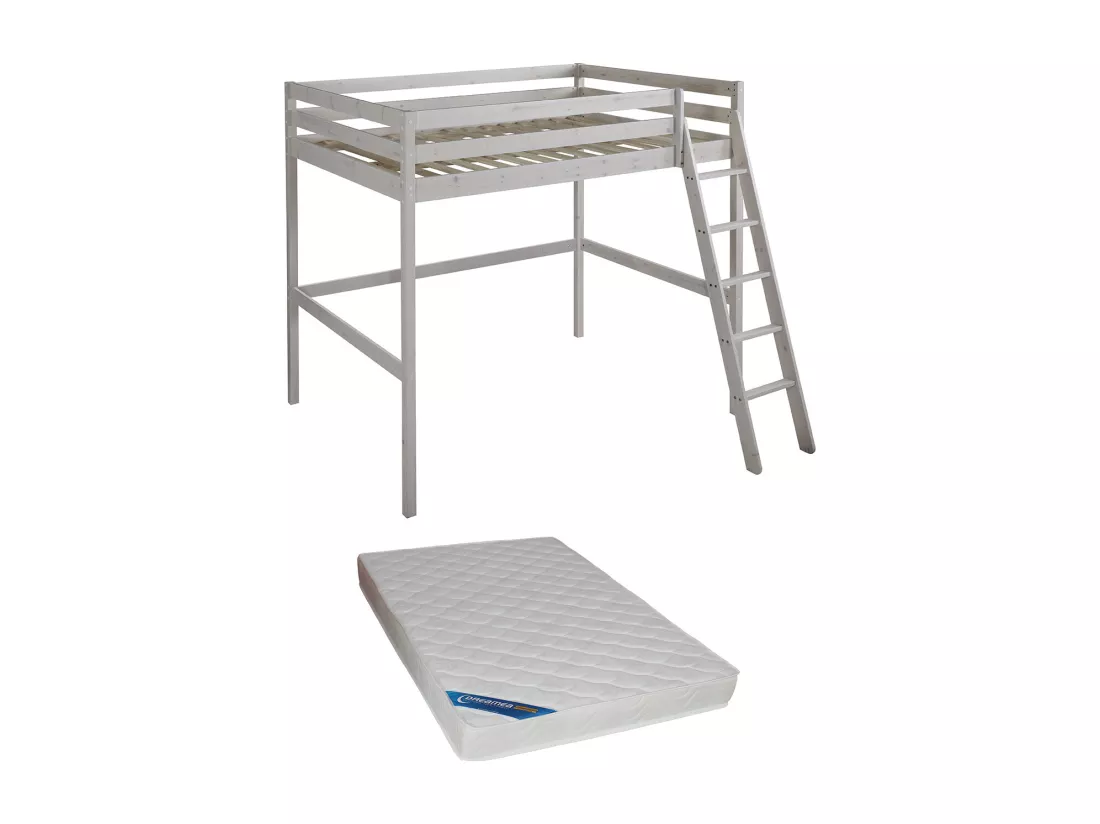 Lit mezzanine GEDEON II - 140 x 190 cm - Pin massif - Blanchi + matelas