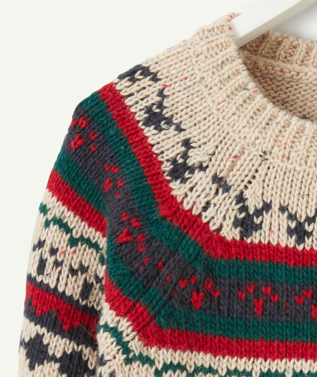 PULL DE NOËL GARÇON EN TRICOT BEIGE ROUGE VERT ET BLEU