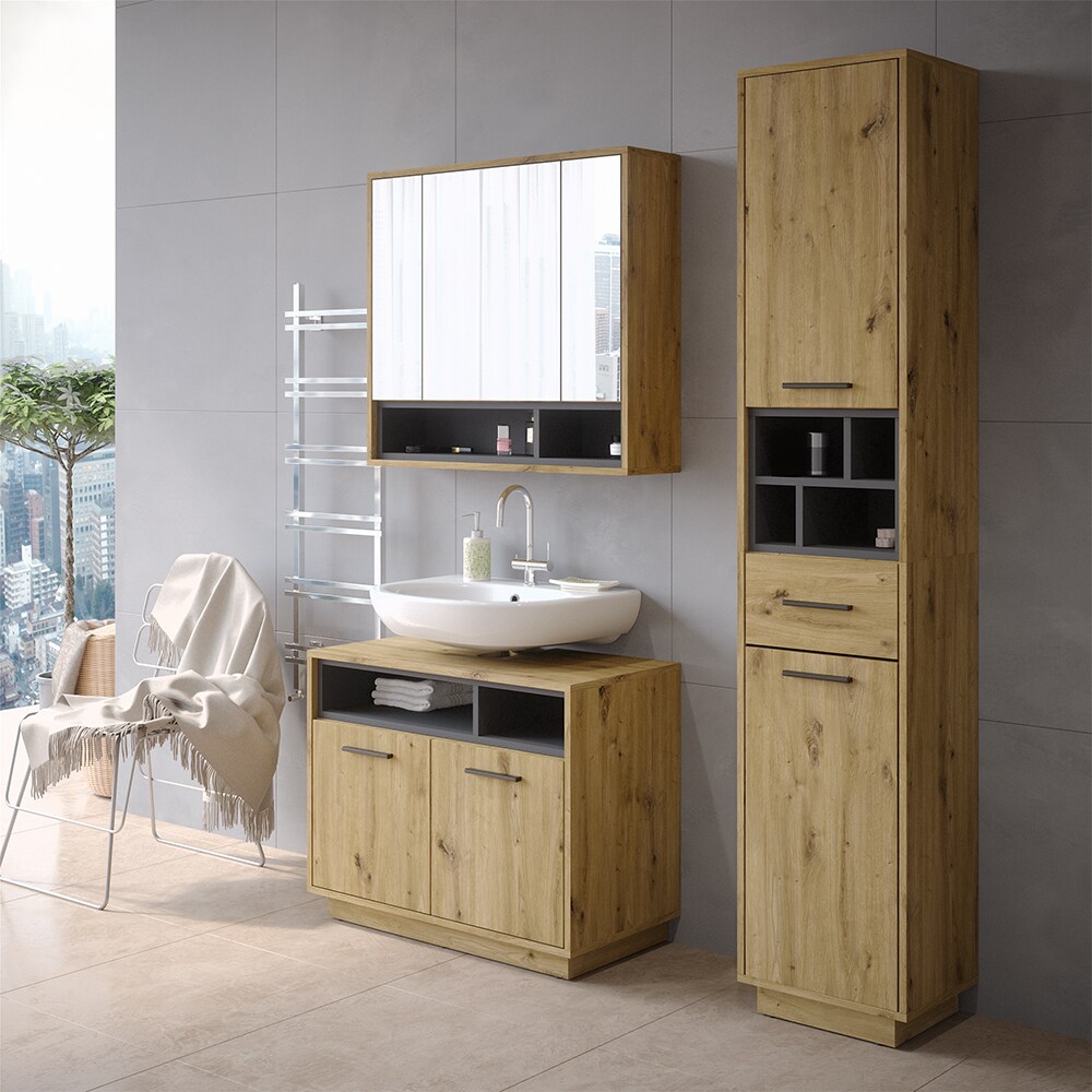 Vicco Hochschrank Badschrank Badezimmermöbel Beatrice Eiche Anthrazit modern 38x190 cm Badkommode Badezimmer Schrank Badmöbel Schranktür Schrankfach