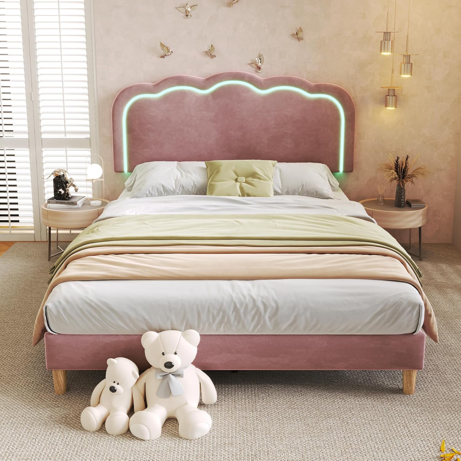 Merax Kinderbett Polsterbett 140x200cm, Doppelbett Bettgestell mit Lattenrost & Verstellbares Kopfteil, süßes Jugendbett mit LED-Kopfteil in Puff-Form, Bettrahmen, Leinenmaterial, ohne Matratze, Rosa