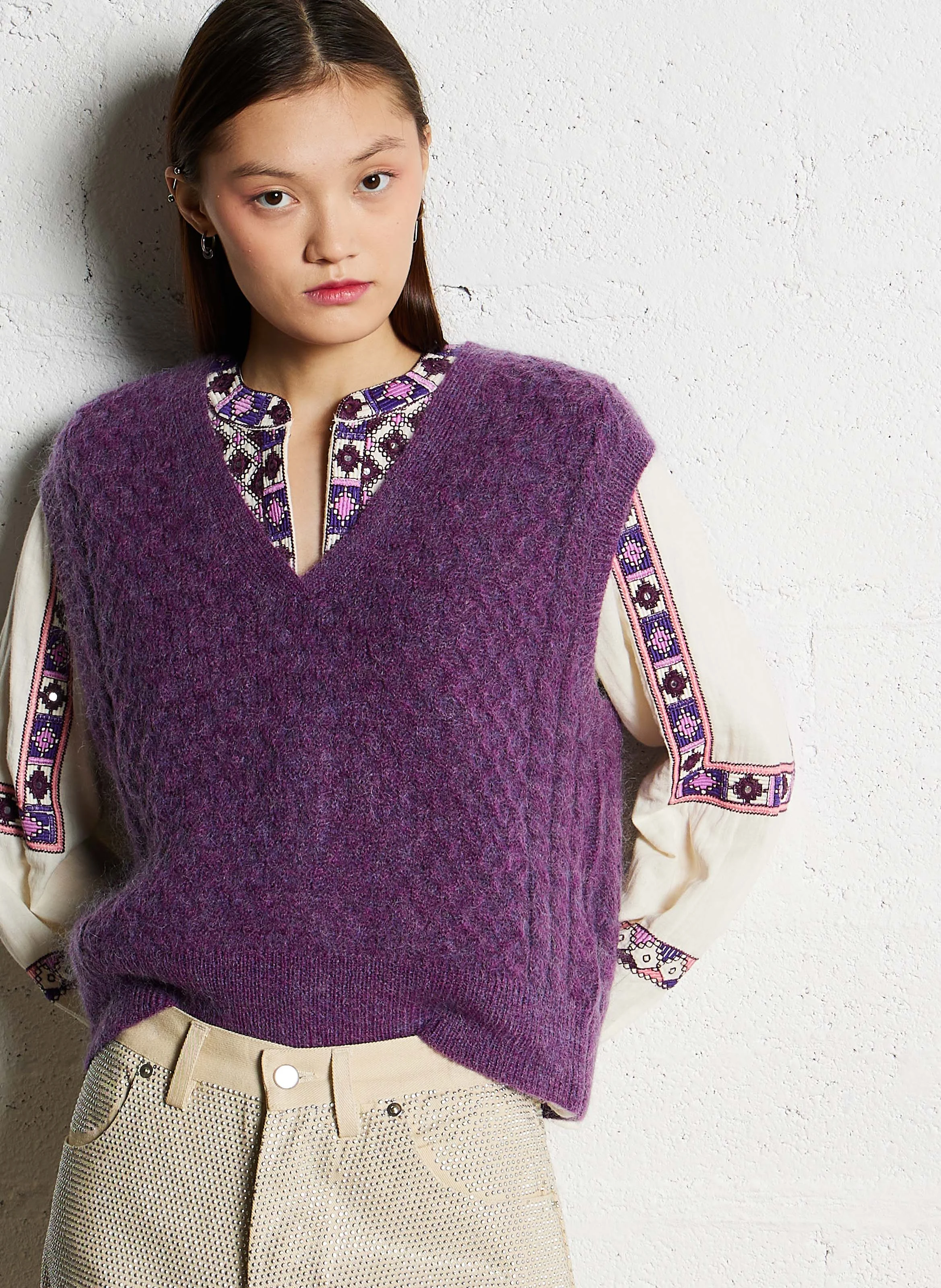RANY - Cardigan droit col V en laine mélangée | Violet