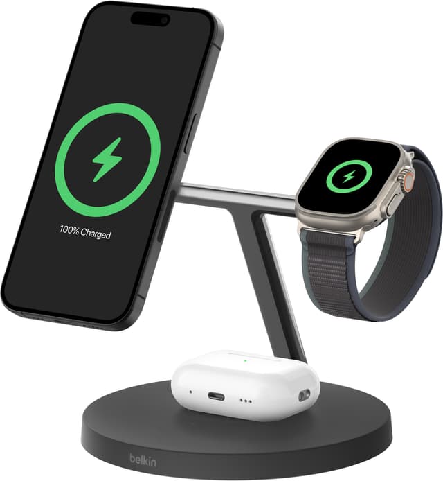 Belkin BoostCharge Pro 3-i-1 Qi2 trådløs ladestation (sort)