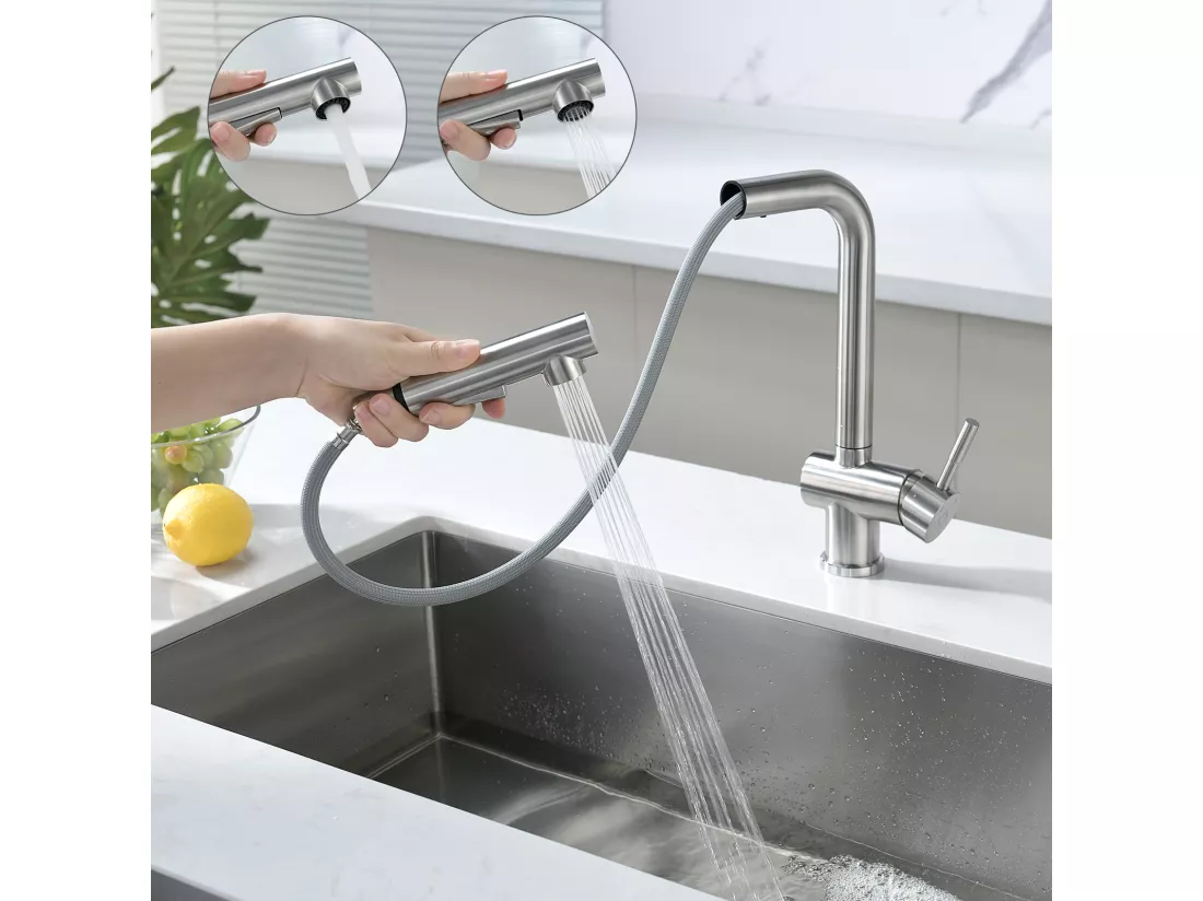 CECIPA MAX Evier 1 Bac en Quartz et Résine Noir Gris 45*44*20cm + Robinet Cuisine avec Douchette, Mitigeur Extractible Brossé