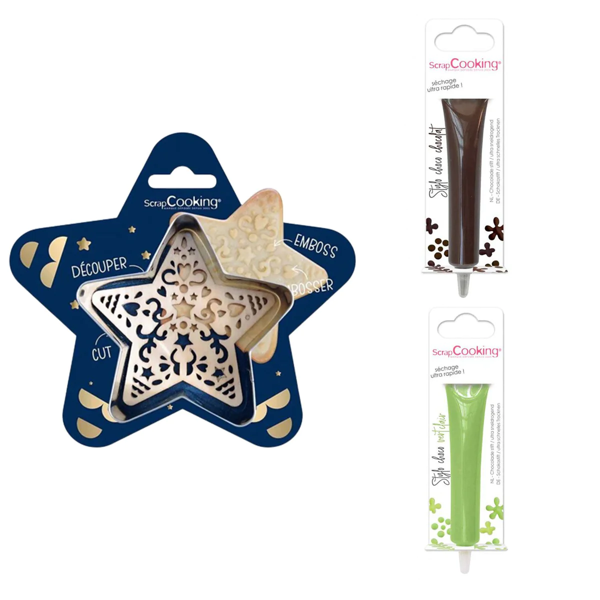 Kit pour biscuit en relief Étoile + 2 Stylos au chocolat marron et ver