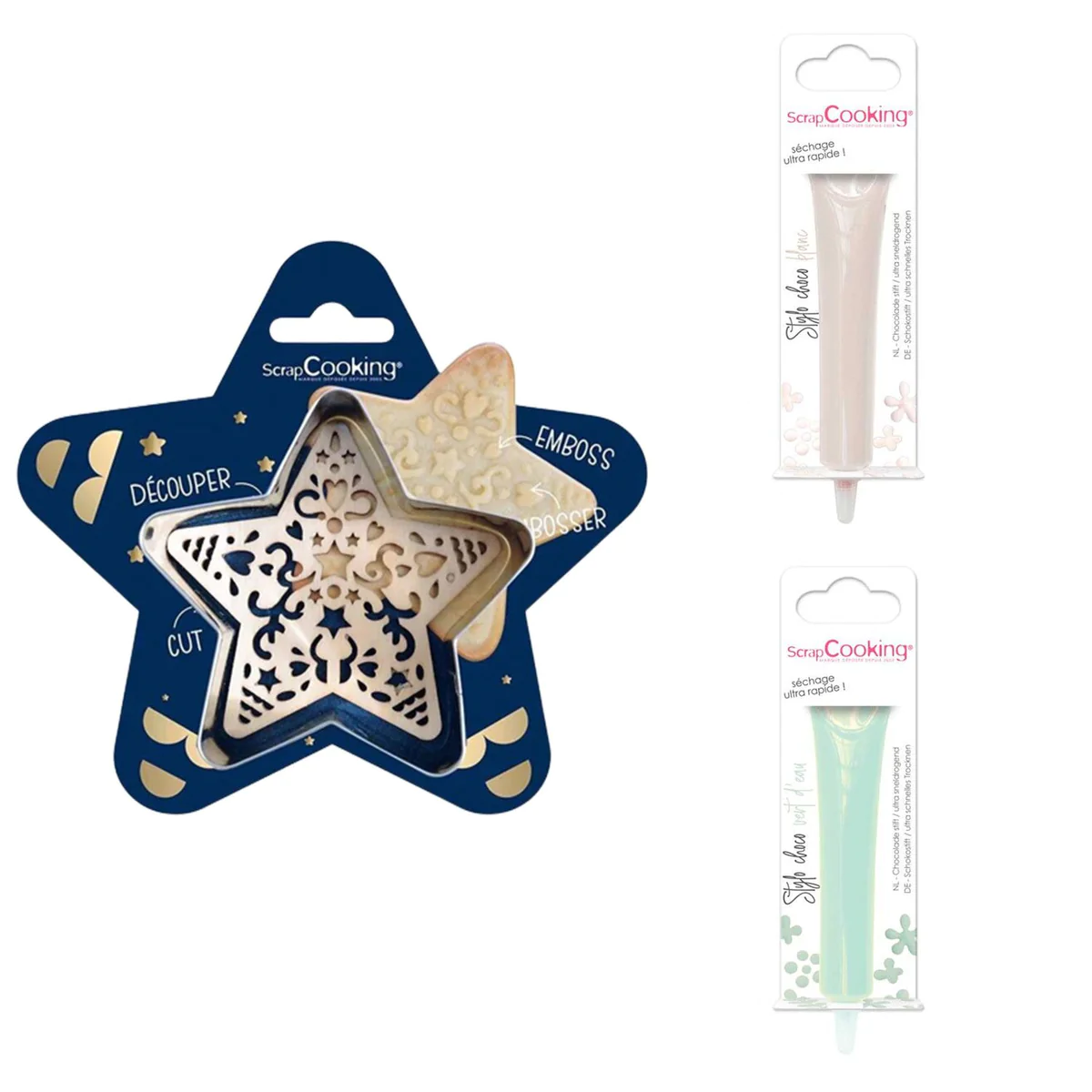 Kit pour biscuit en relief Étoile + 2 Stylos au chocolat blanc et vert