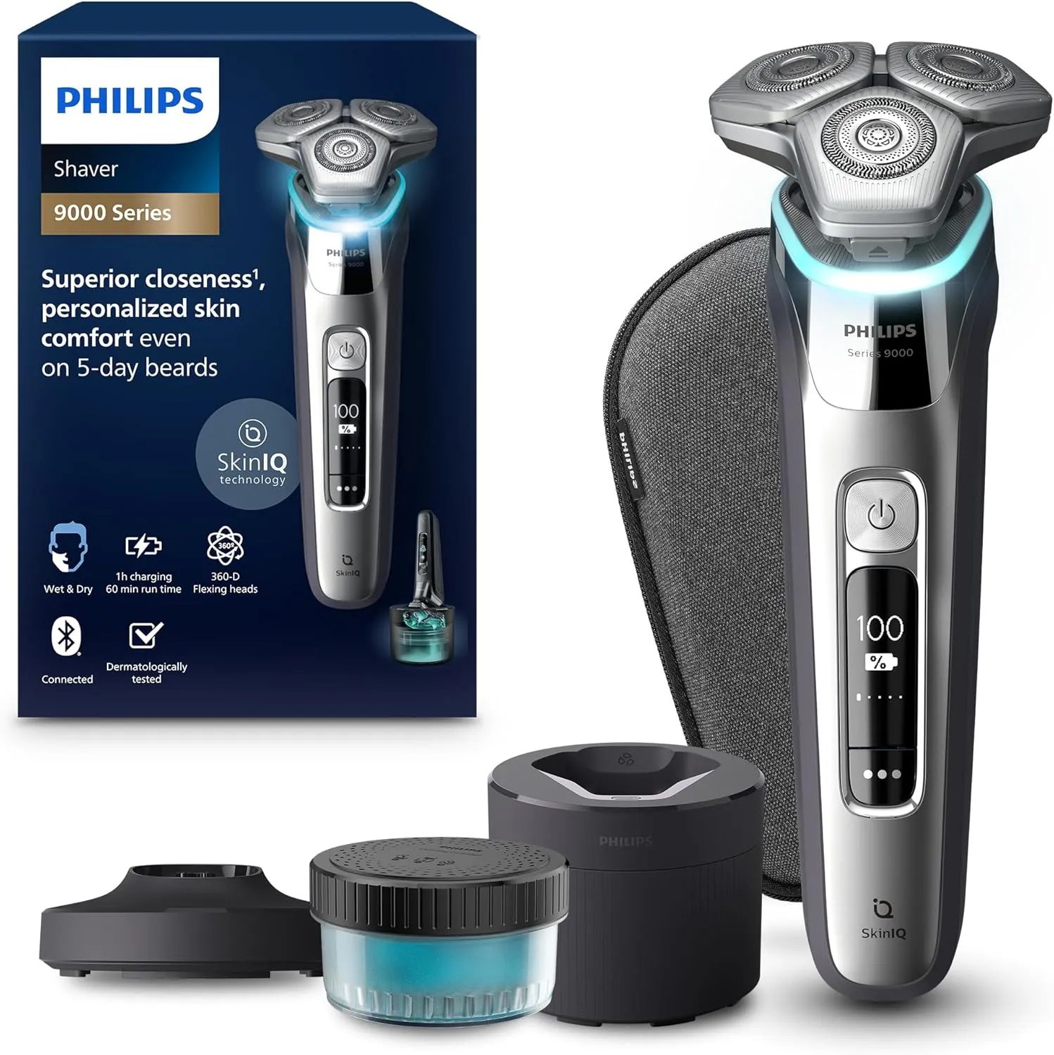 Philips Shaver S9000 – Elektrischer Nass-& Trockenrasierer für Männer, Dunkelchrom, Lift & Cut System, SkinIQ Technologie, Barttrimmer, Reinigungsstation, Ladestation & Reiseetui (Modell S9974/55)