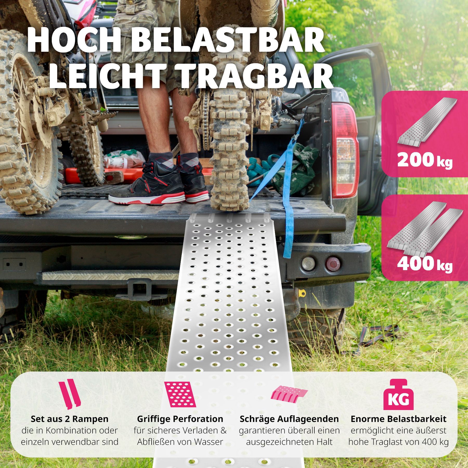 tectake® Auffahrrampen, 2er Set, rutschfeste, perforierte Oberfläche, 160 x 23 x 4,5 cm