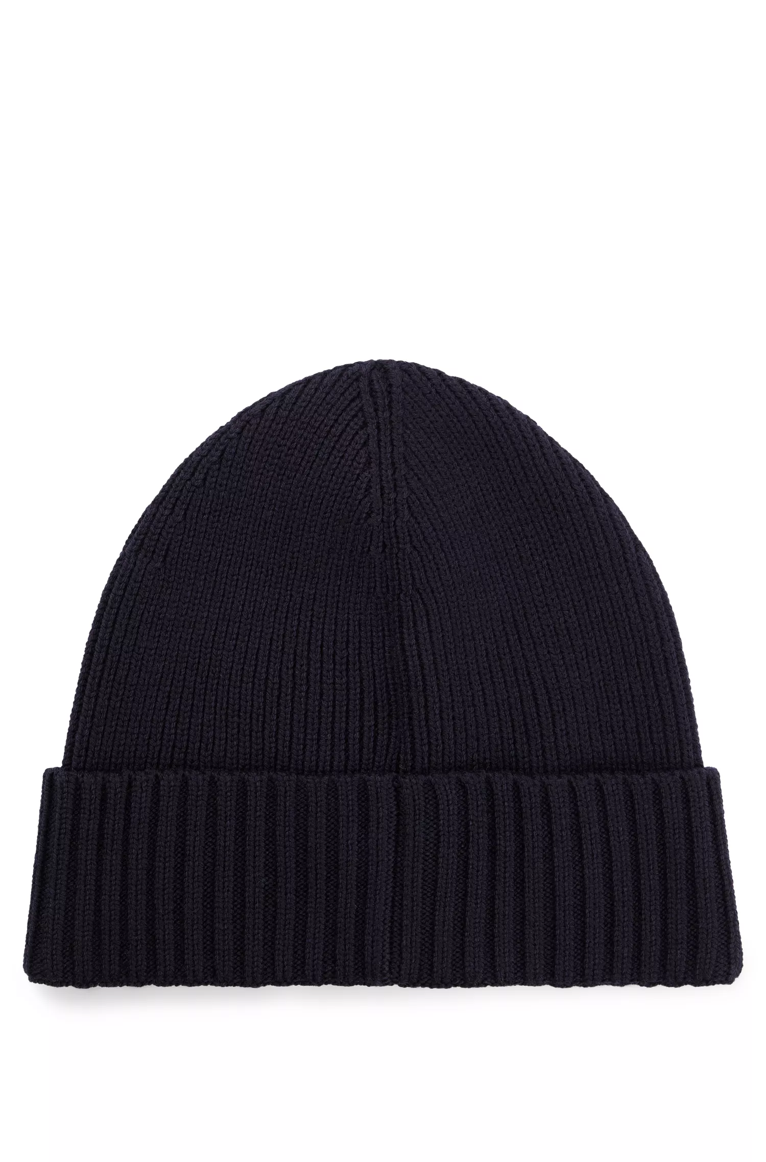 Gorro BOSS preto canelado em lã virgem de origem sustentável.