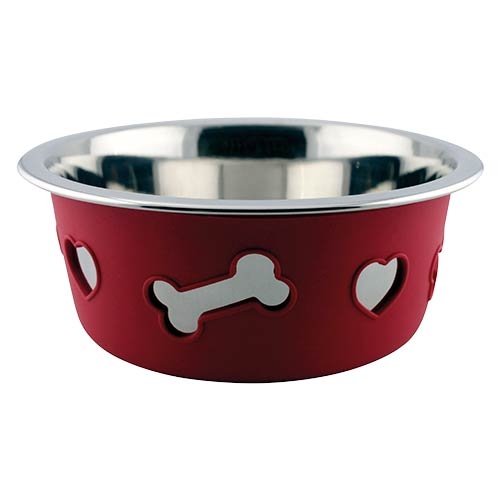 Alimentador de aço inoxidável. Tigela de silicone vermelha.