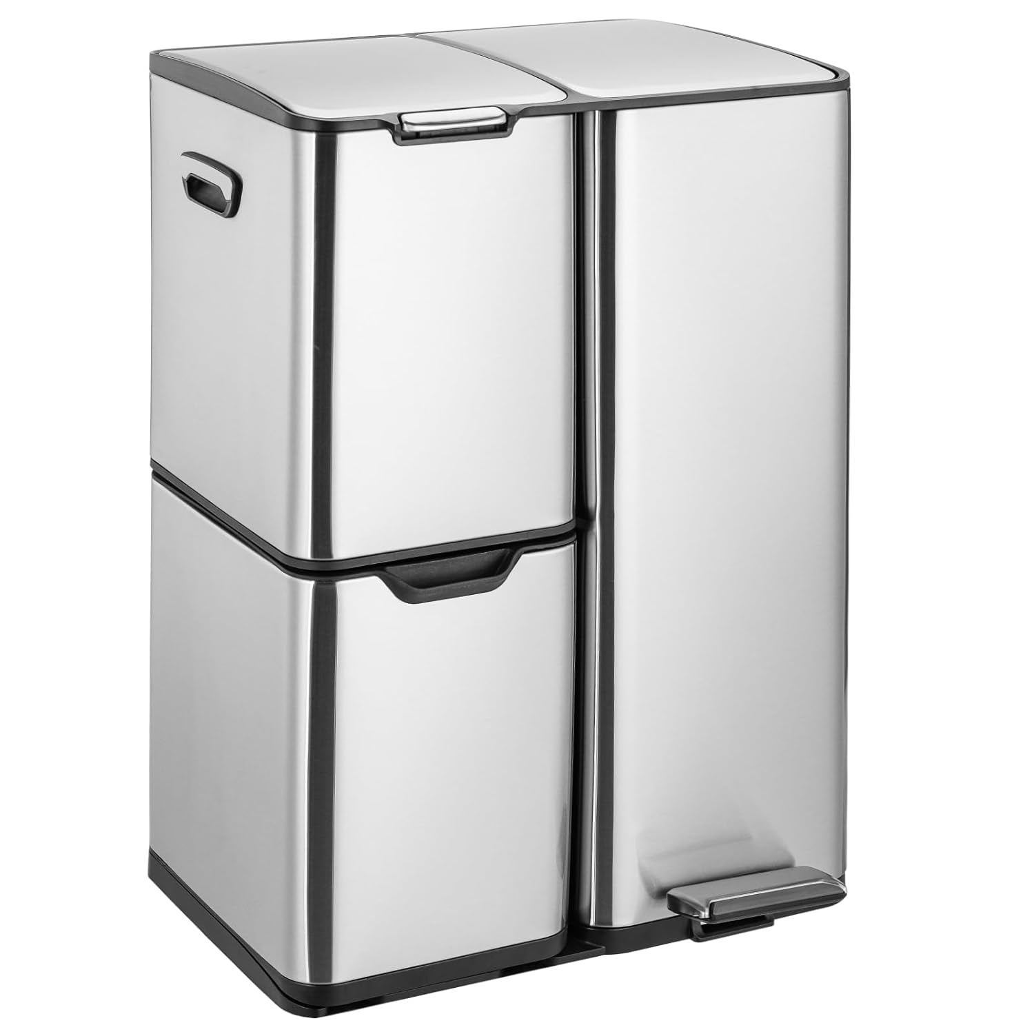 LIFERUN Mülleimer 3 Fächer, 60L Mülltrennsystem (30 + 17 + 13 L) mit Softclose Deckel, Abfalleimer Küche aus Edelstahl Metall, Inneneimer Abnehmbar mit Griffe,Treteimer, Silber