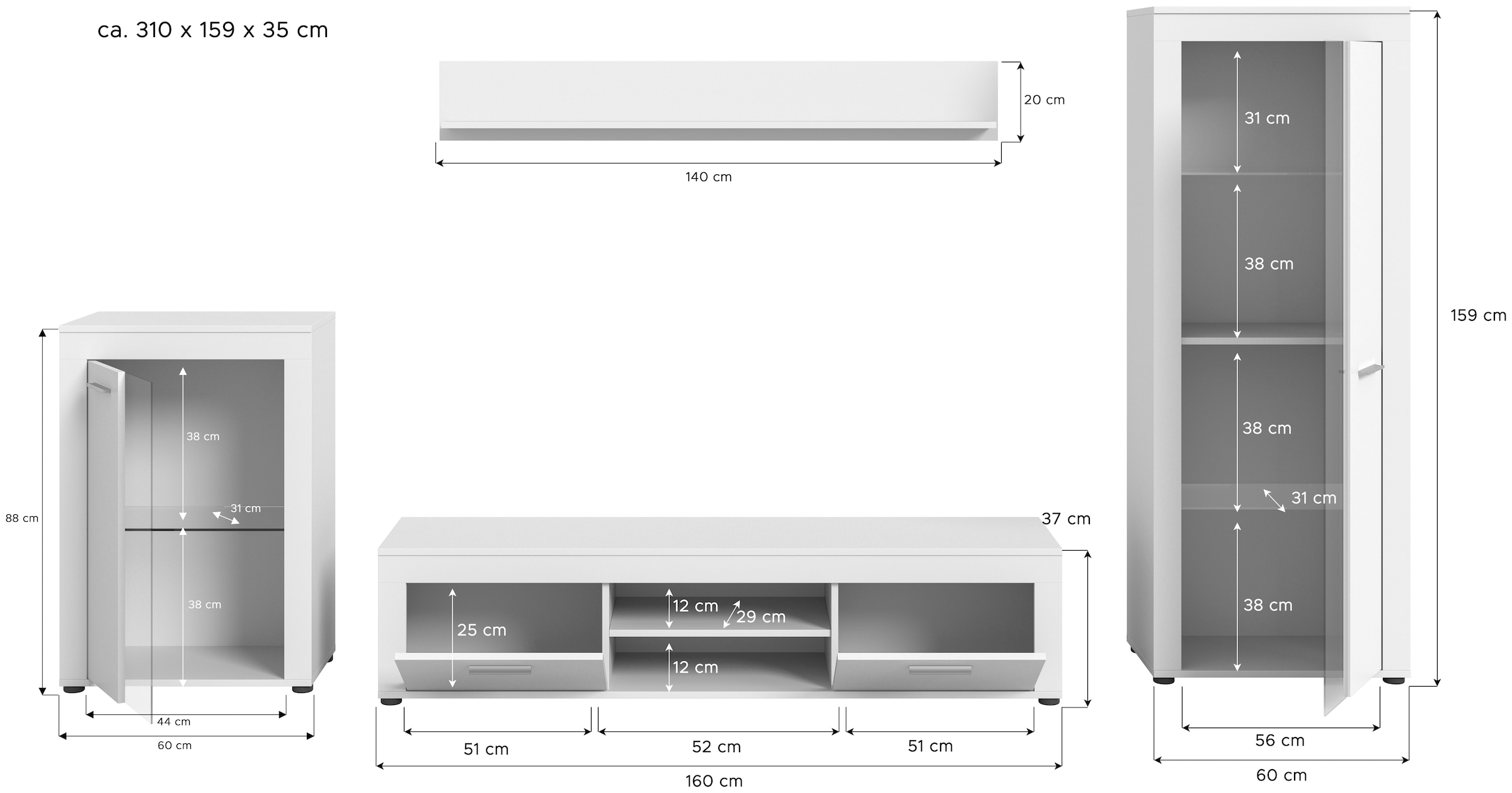 INOSIGN Wohnwand »Aosta,  4-tlg., best. aus: Vitrine, Lowboard, Wandboard & Vitrine hoch« 4 Stk. tlg.