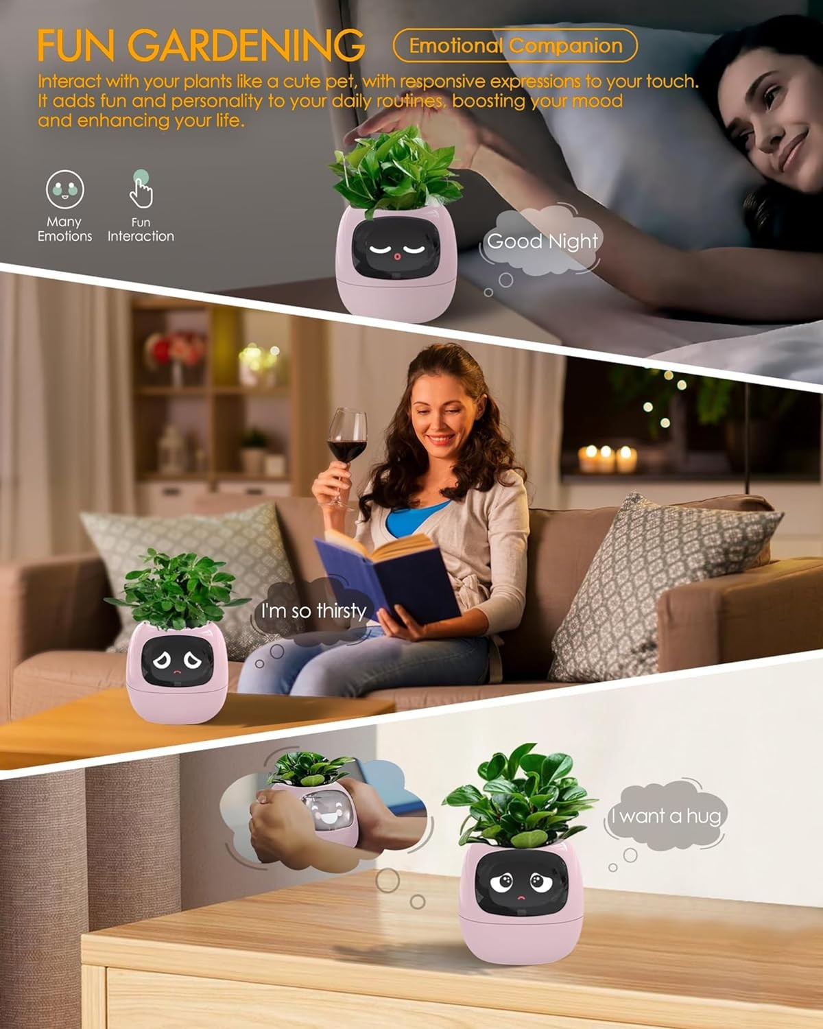 (9x9cm) Intelligenter Mini USB Blumentopf Home Deko Pflanzen Übertopf mit 40 Emotionen / LCD Display inkl. Kieselsteine (iOS/Android) - Ivy / Rosa