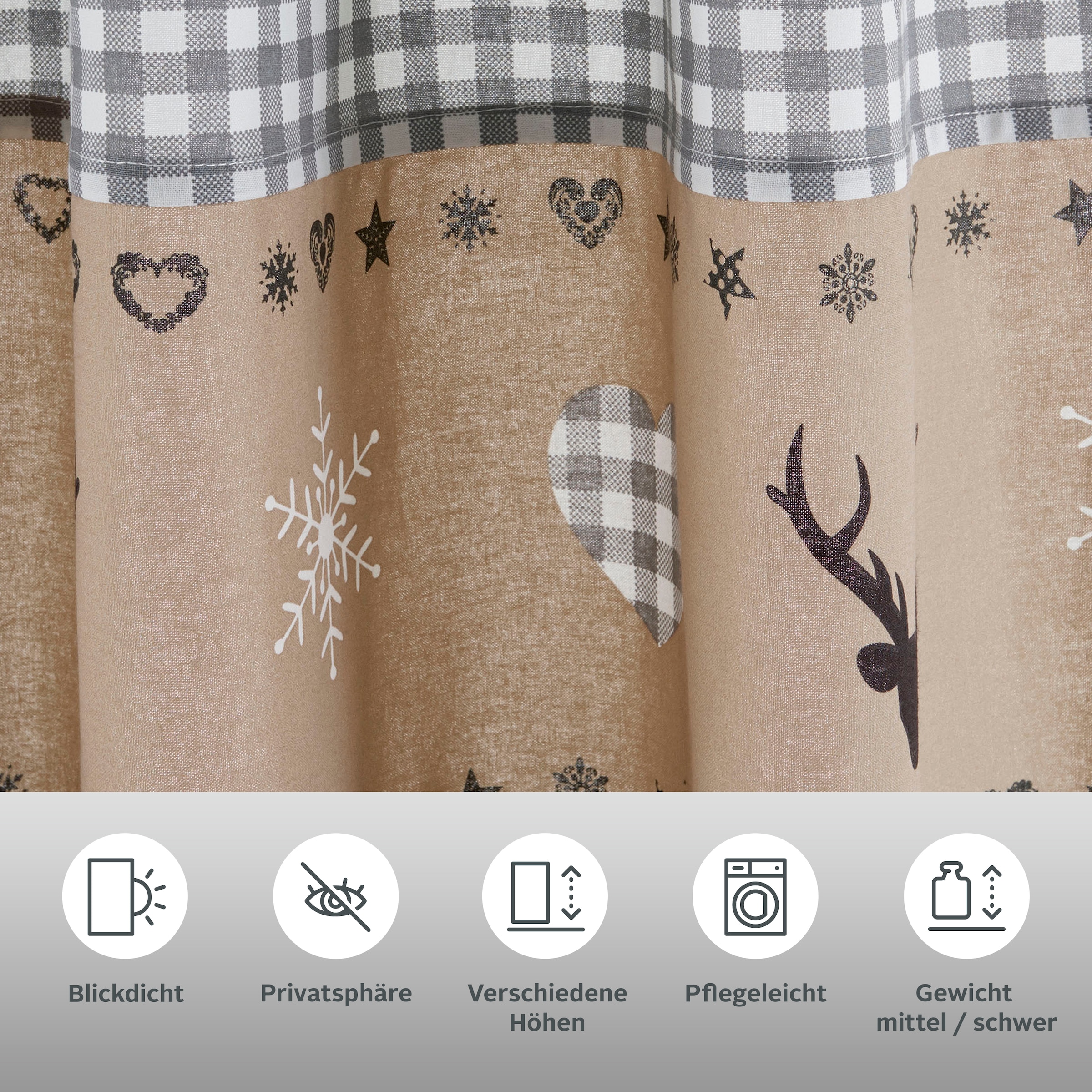 my home Vorhang »Xaver« Schlaufen 1 Stk. tlg. Karo-Design, inkl. Raffhalter, Bio Baumwolle, Herz, Landhaus