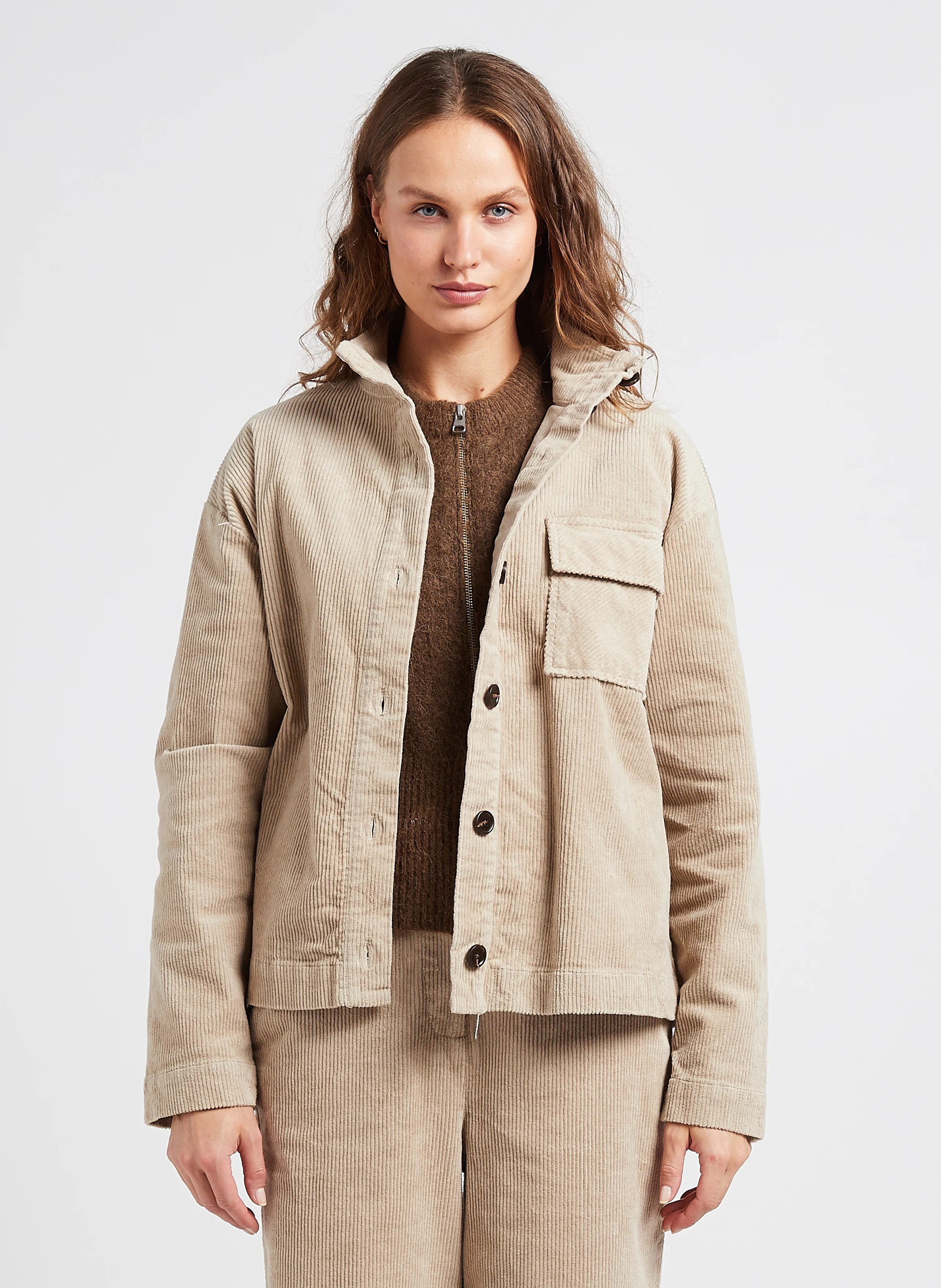 GEGGO - Surchemise droite col montant en coton mélangé | Beige