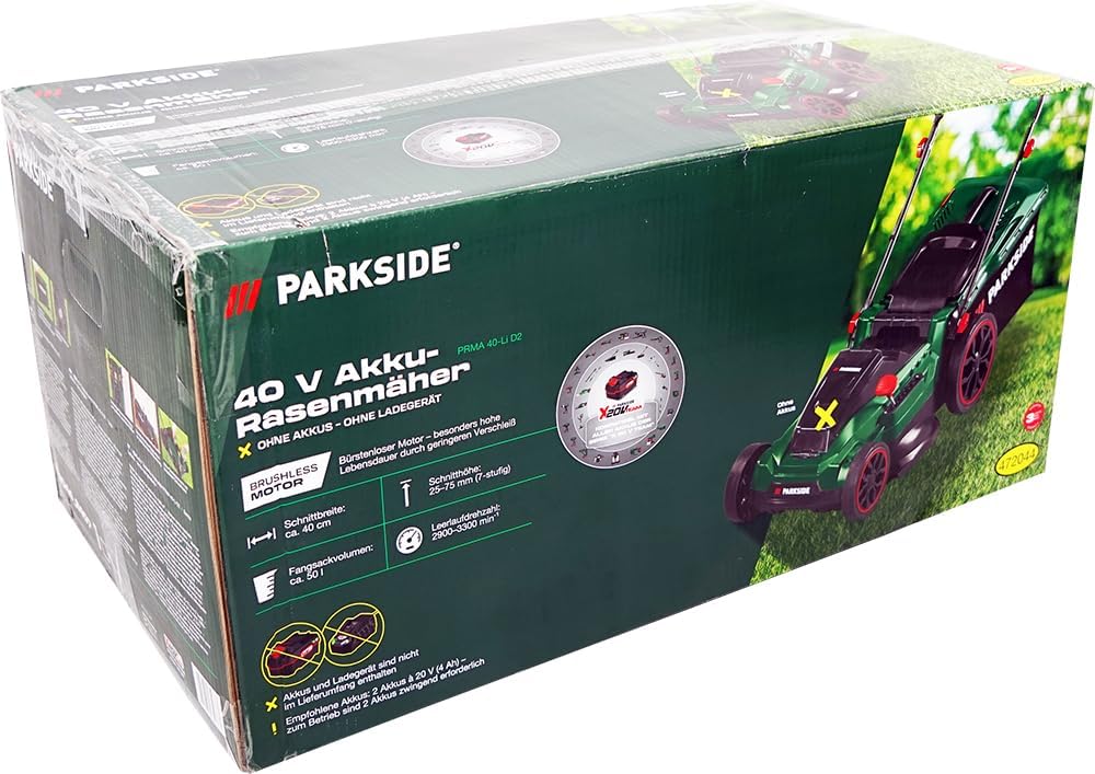 HEADNMORE® Bundle - Parkside® 40V Akku Rasenmäher PRMA 40-Li D2 (ohne Akkus) +Schlüsselanhänger +Zollstock
