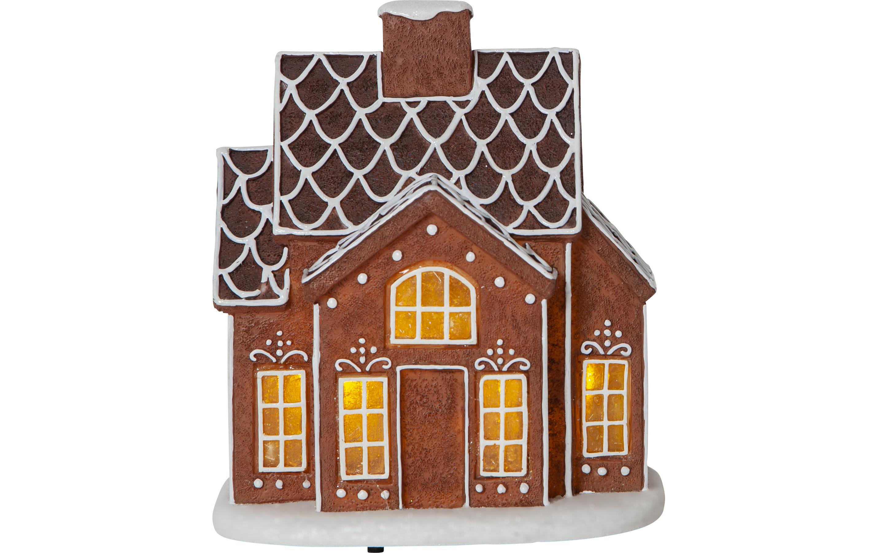 Dekorativer Szenerie Gingerville, WarmweissDekoratives Lebkuchenhaus mit warmweissem Licht und Timerfunktion