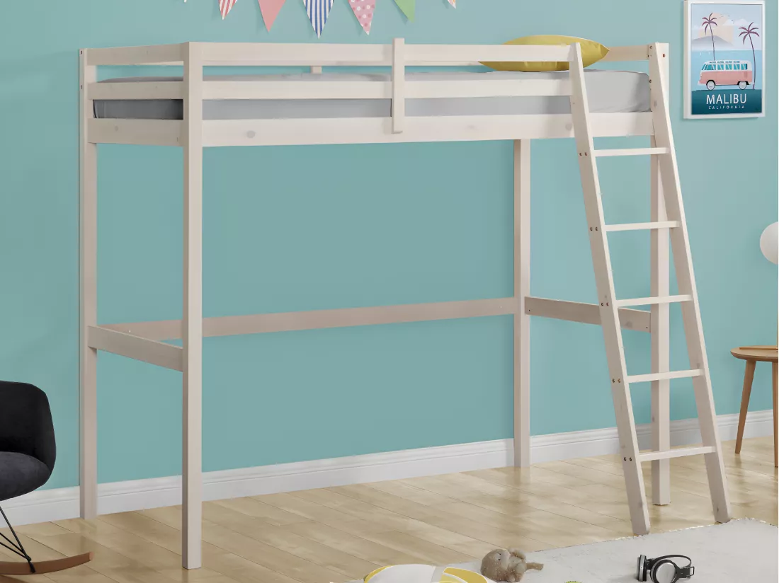 Lit mezzanine GEDEON II - 90 x 190 cm - Pin massif - Blanchi + matelas