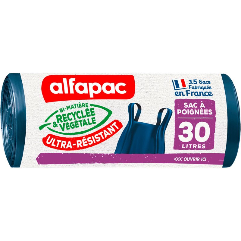 Sac poubelle 30 litres avec poignées Ultra-résistant Alfapac bleu - 45 sacs