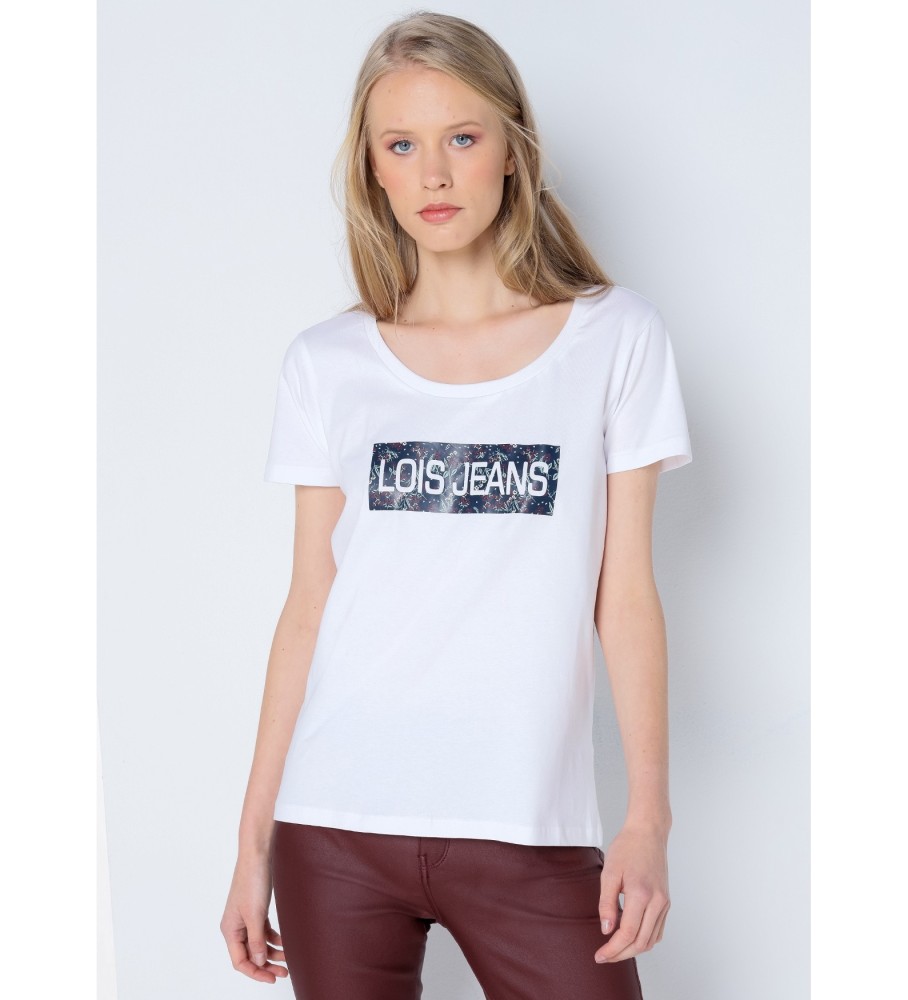 Camiseta Lois de manga curta com estampa floral e logo, branca.